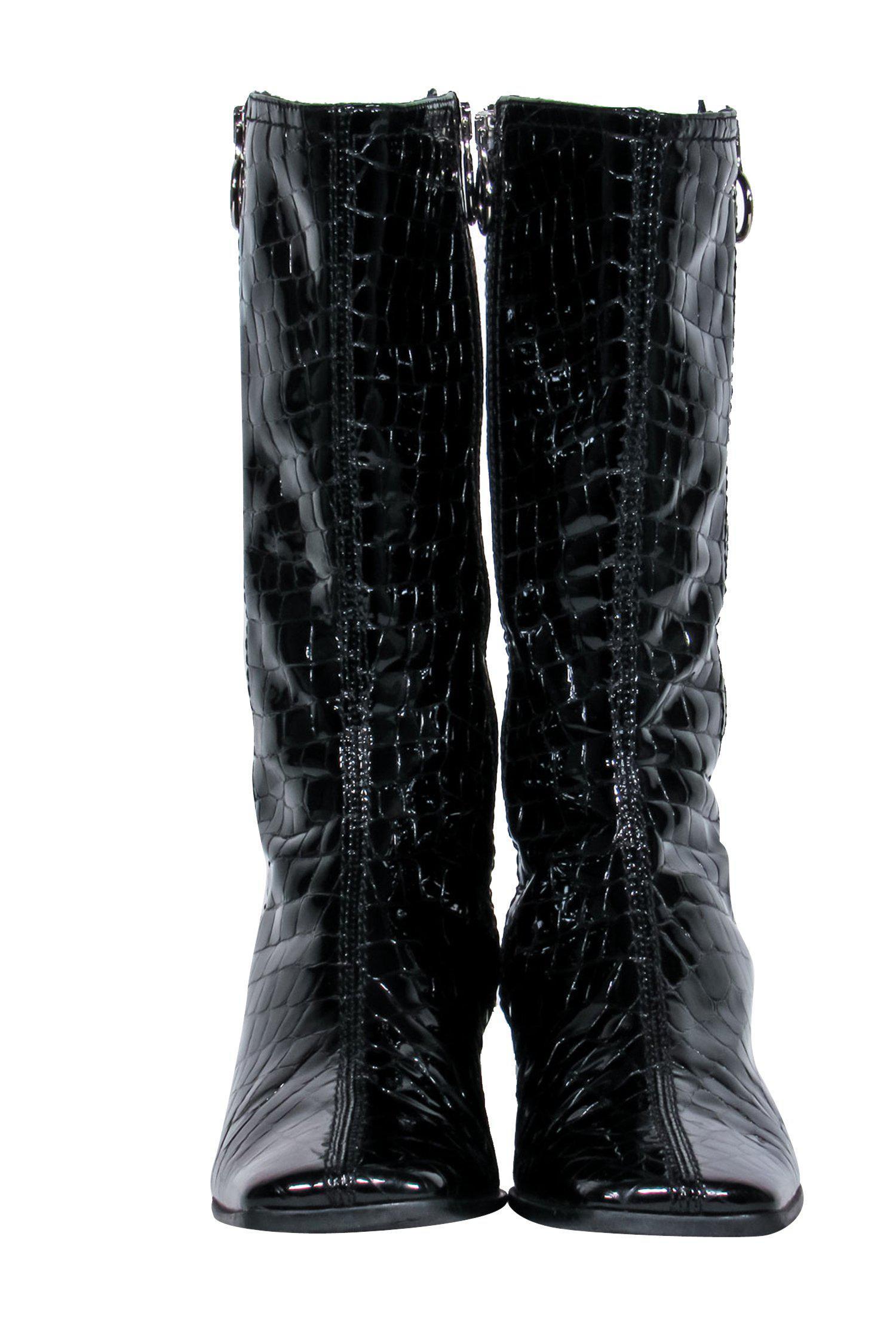 Aquatalia Black Patent Leather Crocodile Embossed Calf High Boots - Size 8.5 - Fashionable Safari Chic