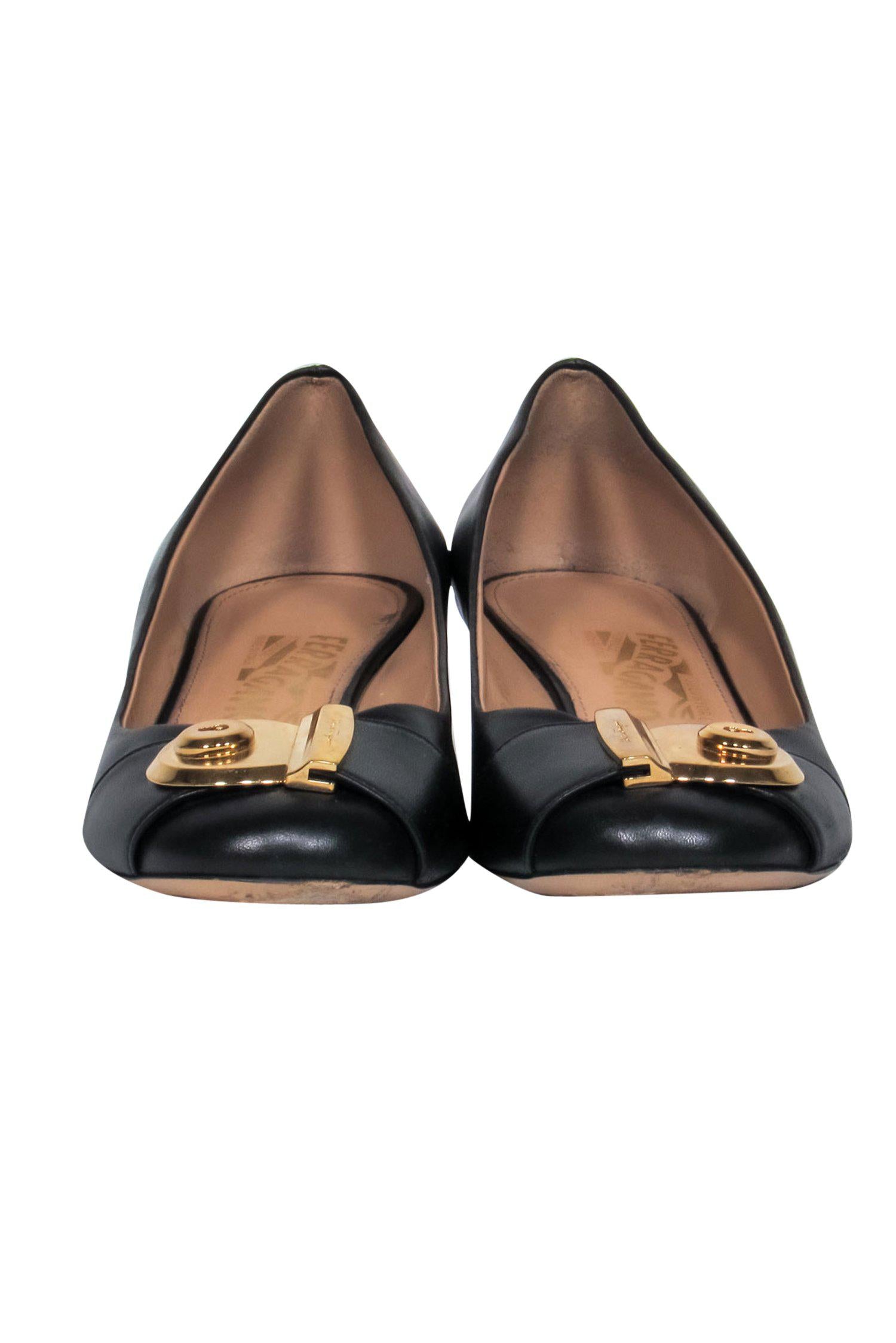 Ferragamo's Stunning Black Leather Block Heeled Pumps with Gold Lock - Size 8