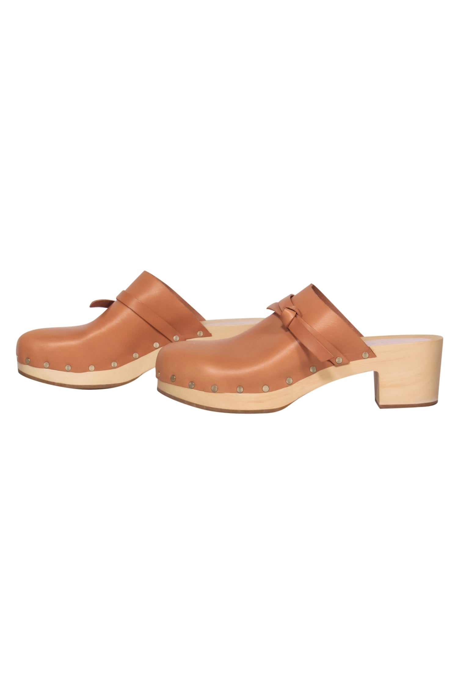 Loeffler Randal Light Brown Smooth Leather Clogs with Wooden Heel - Size 8.5