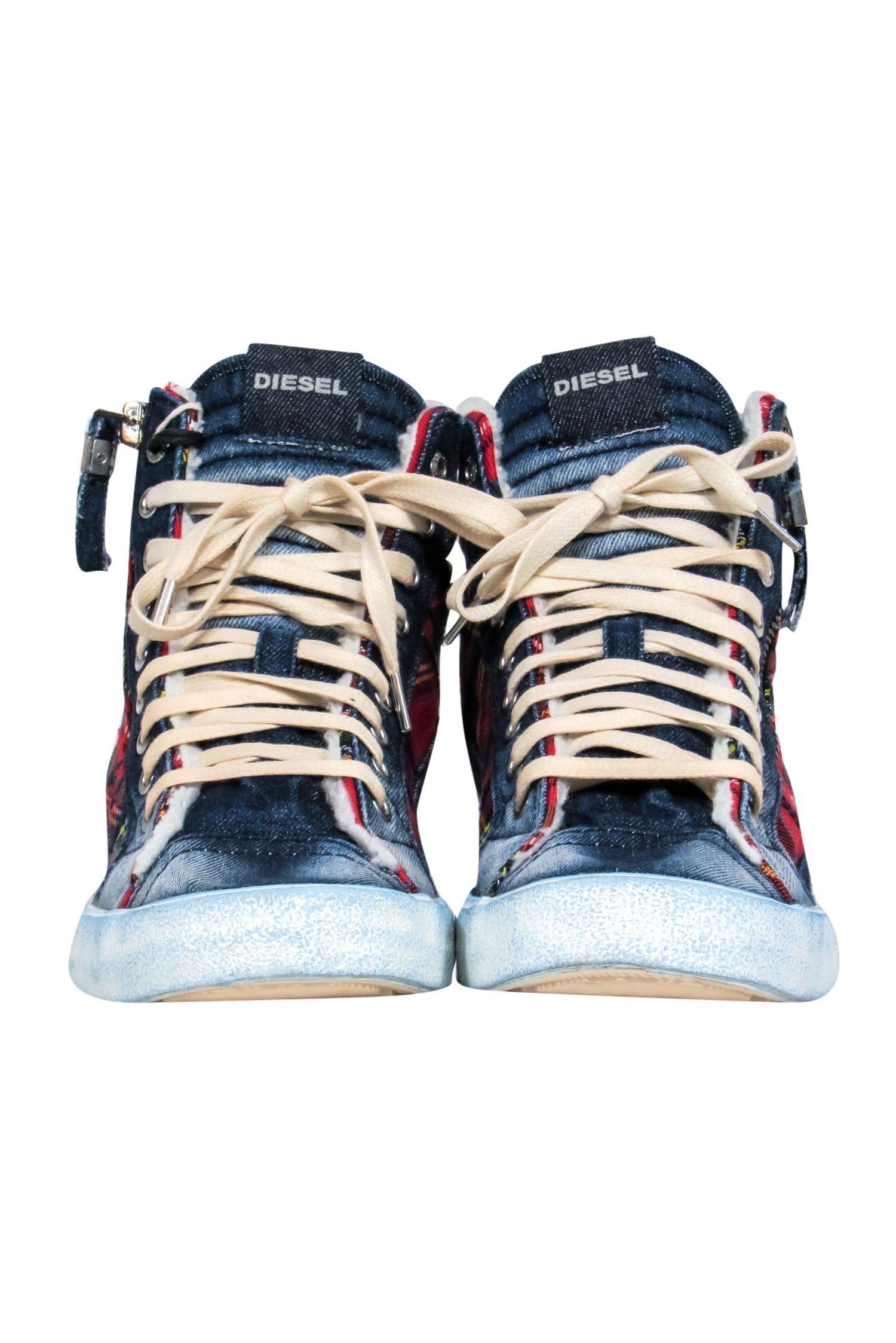 Diesel's Cozy Denim & Red Plaid High-Top Shearling Sneakers - Size 7.5