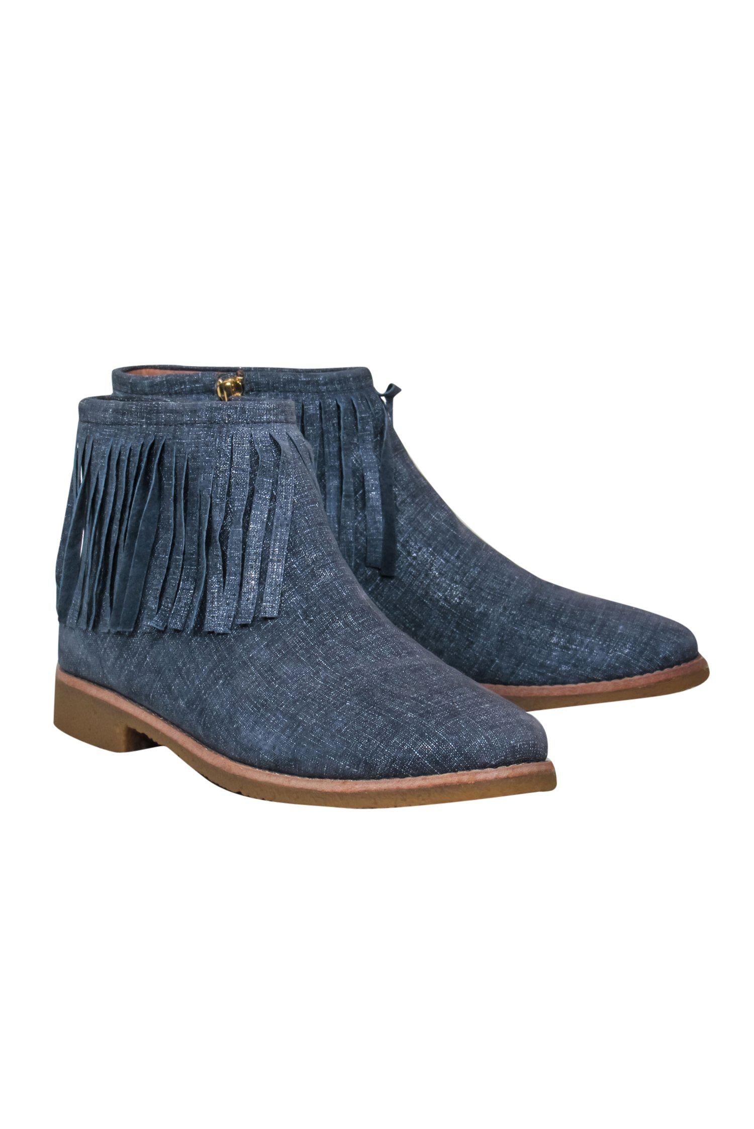 Kate Spade Blue Metallic Chambray 'Bestie' Fringe Booties - Size 9