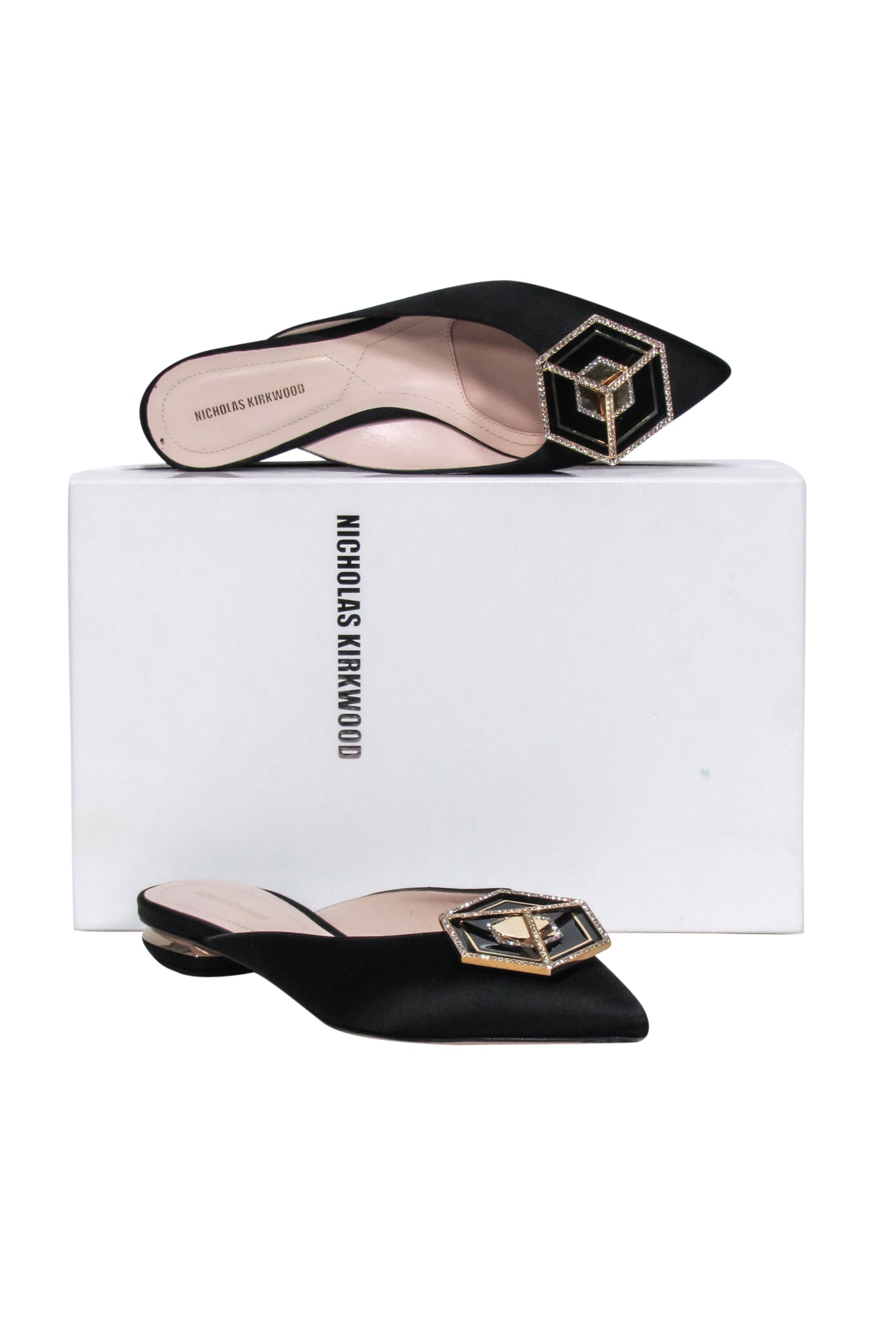 Nicholas Kirkwood Black Satin Crystal Toe Mule Flats - Size 7.5