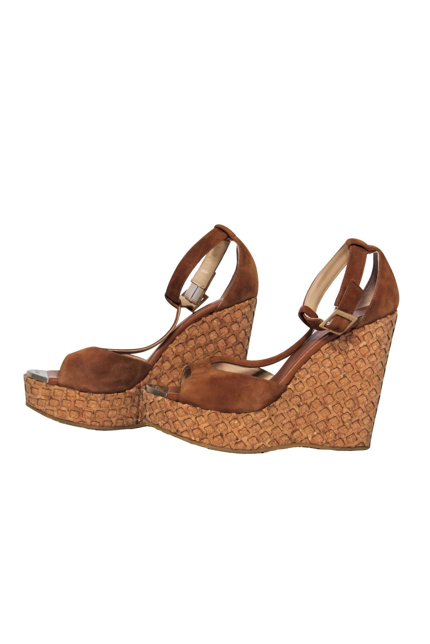 Jimmy Choo Brown Suede Peep - Toe T - Strap Textured Cork Wedges in Size 7.5: Island - Getaway Must - Haves