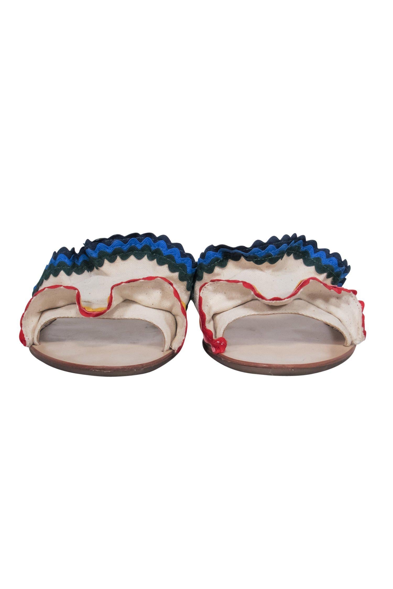 Loeffler Randall's Fiesta Beige Ruffle Slide Sandals with Multicolored Embroidery - Size 9.5