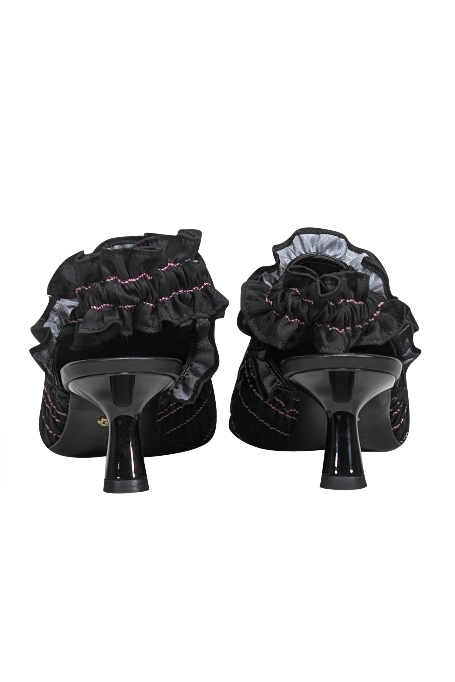 Amy Crookes' Stylish Black Smocked Ruffle Trim Strappy Back Heel - Size 6