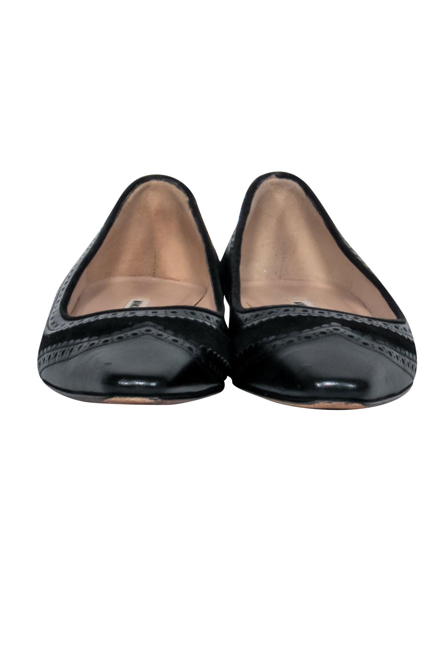Manolo Blahnik's Gorgeous Black Suede & Leather Brogue Ballet Flats - Size 8