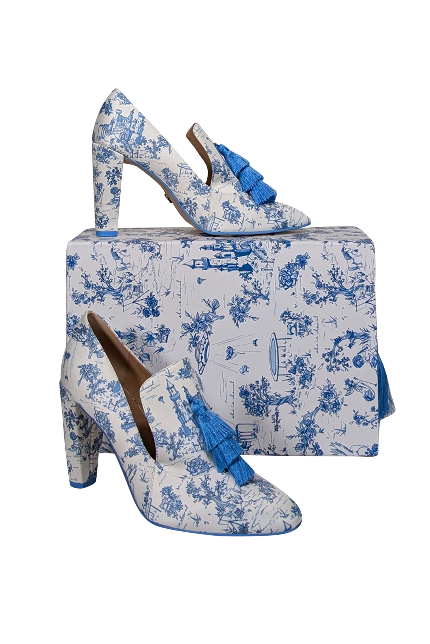 She Is Cheval - Enchanting White & Blue Toile Print Satin Heels in Size 8.5