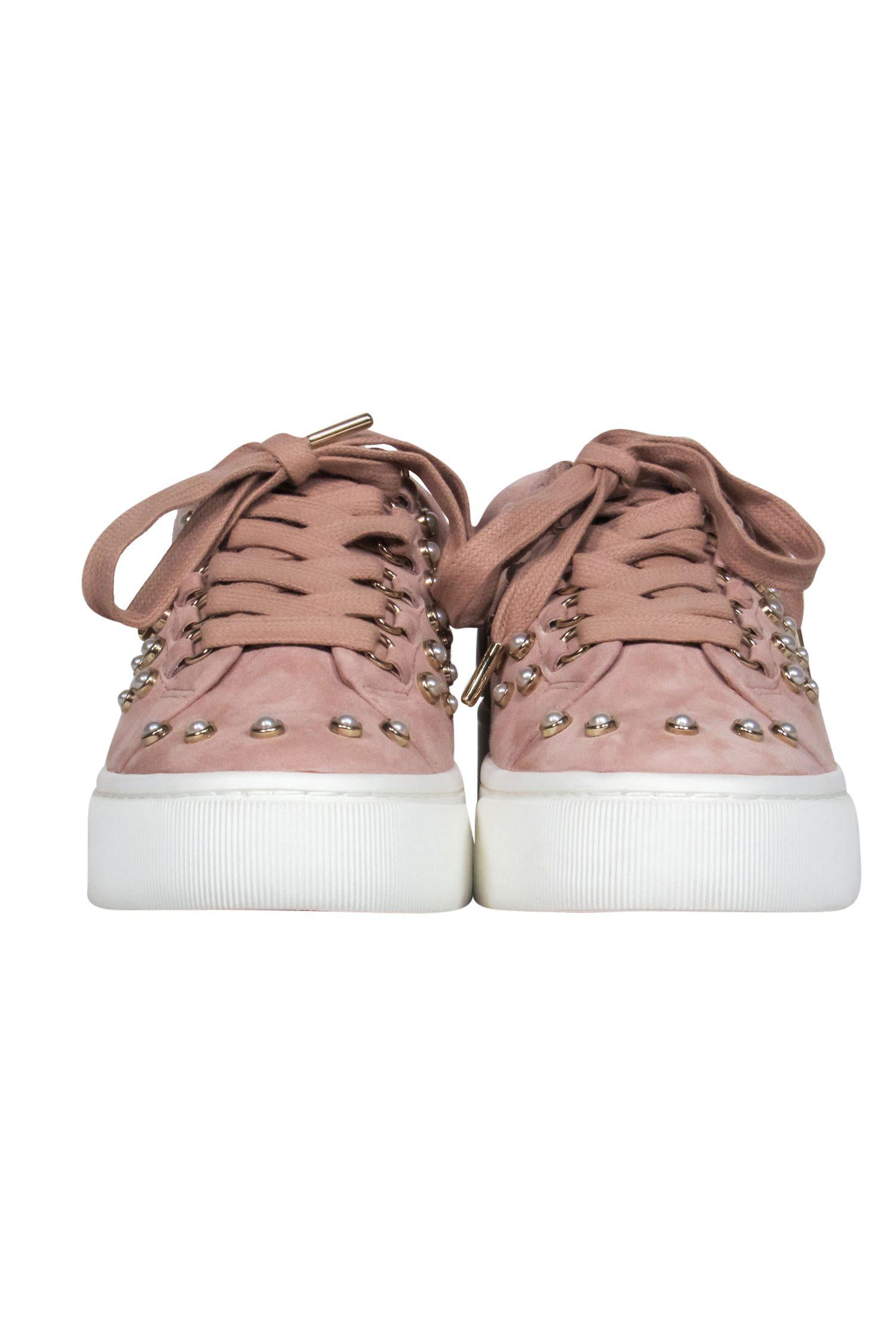Joie's Stunning Pink Suede Lace-Up Platform Sneakers with Pearl Embellishments - Size 9