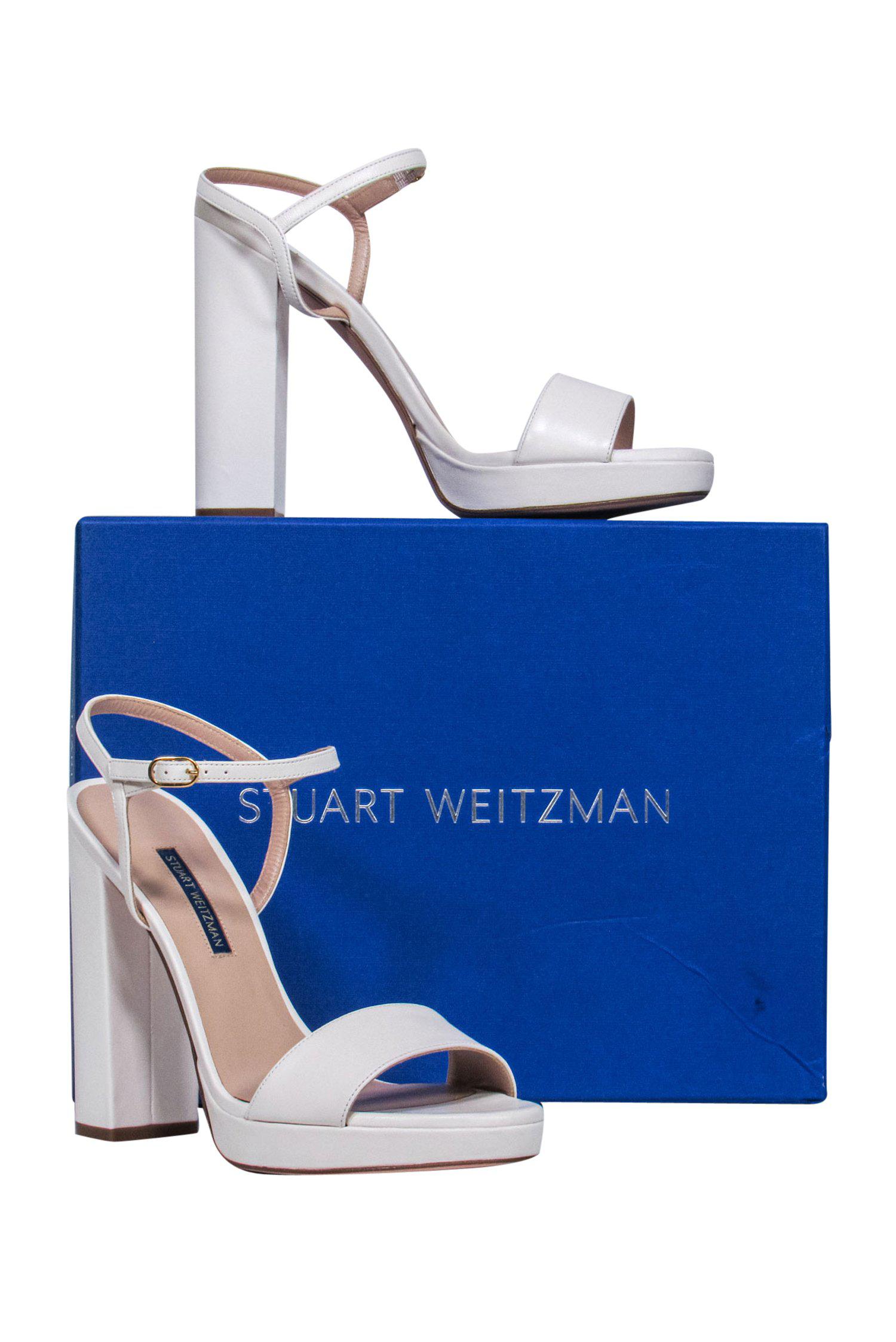 Stuart Weitzman White Leather Strappy Block Heel Sunray Pumps - Size 9.5 - Chic Summer Must - Haves