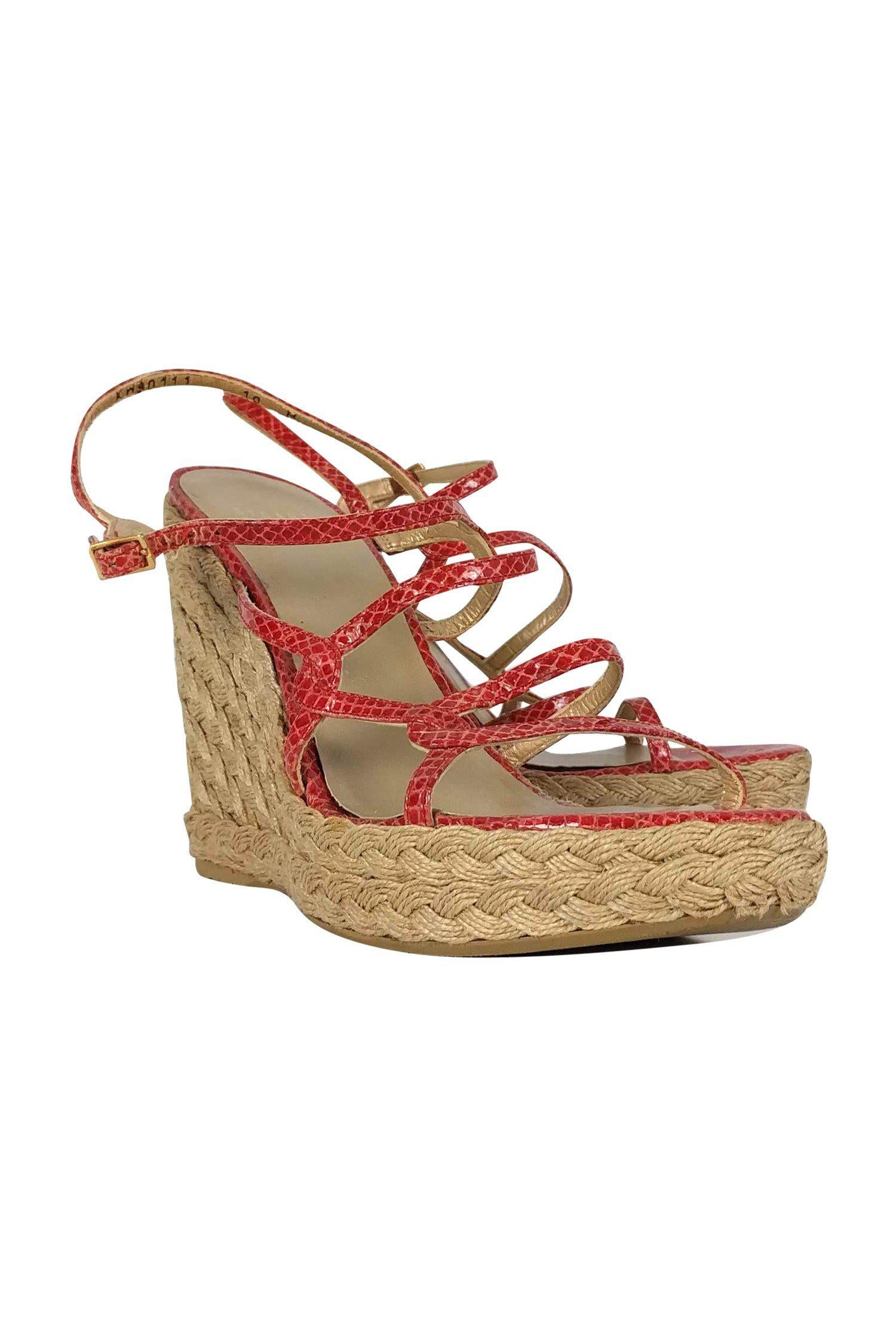 Stuart Weitzman's Stunning Red Snakeskin Strappy Wedges - Size 10