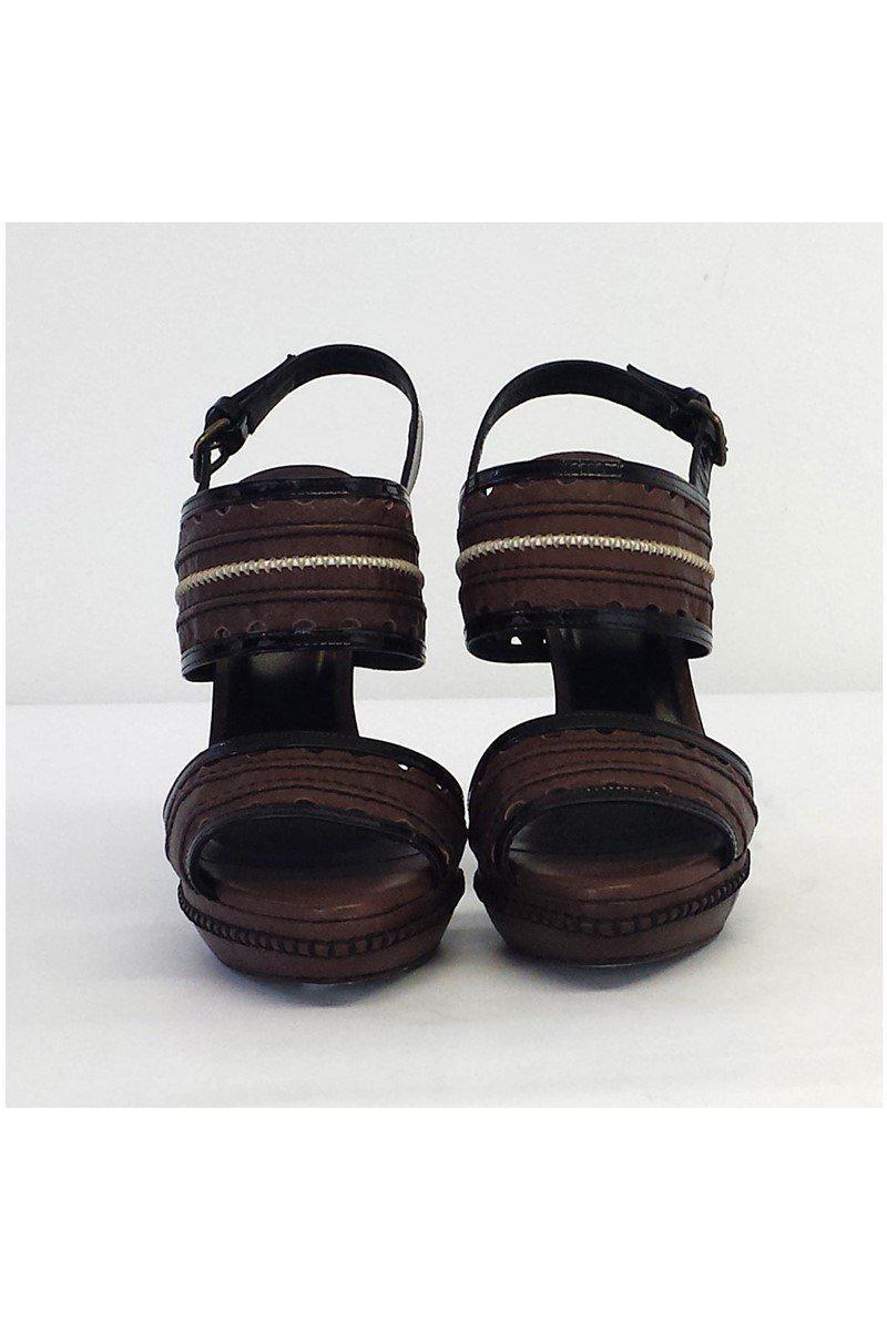 Hoss Intropia's Stunning Brown & Black Leather Open Toe Heels - Size 9!