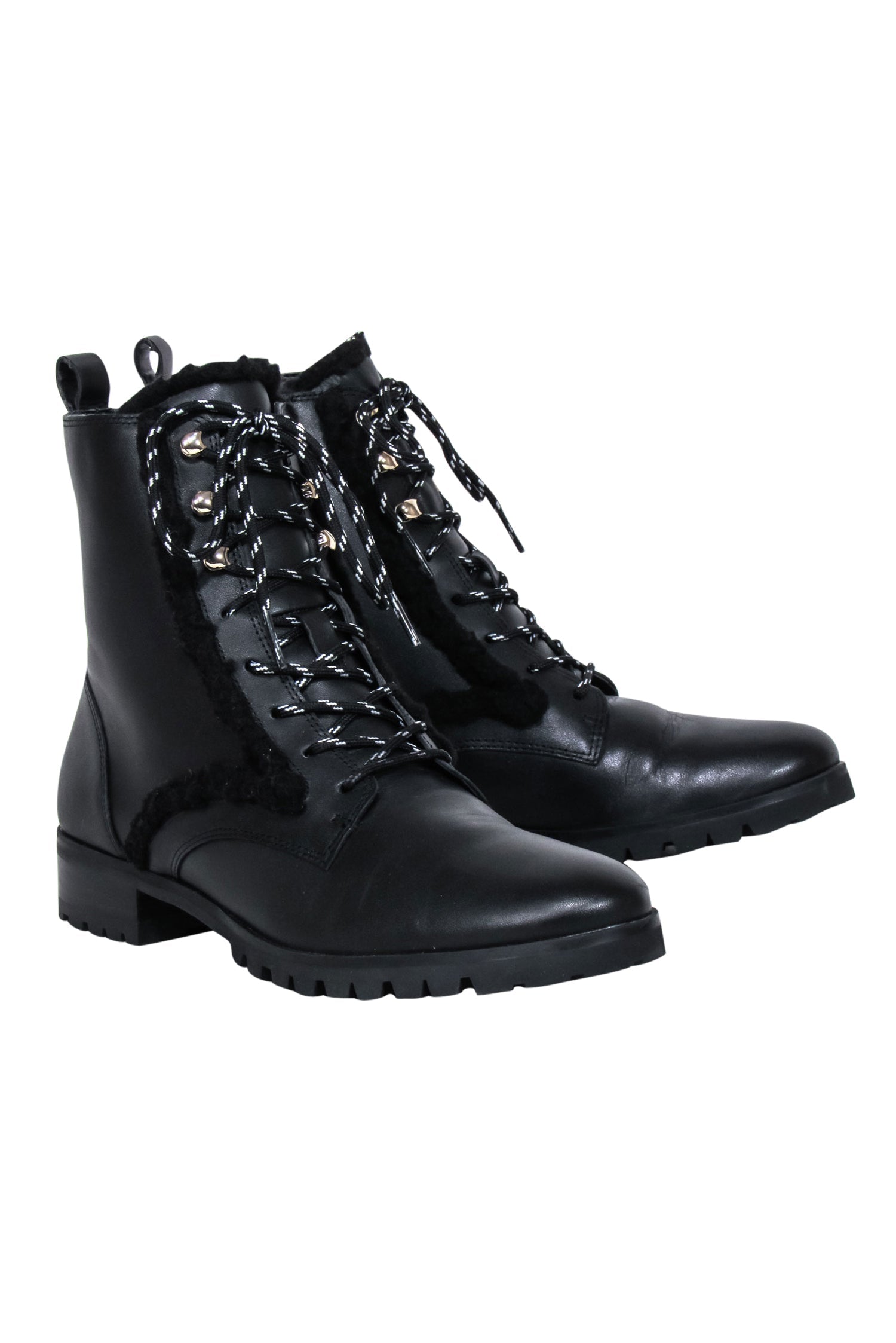 Kate Spade Black Leather Shearling Trim Combat Boots - Size 8.5
