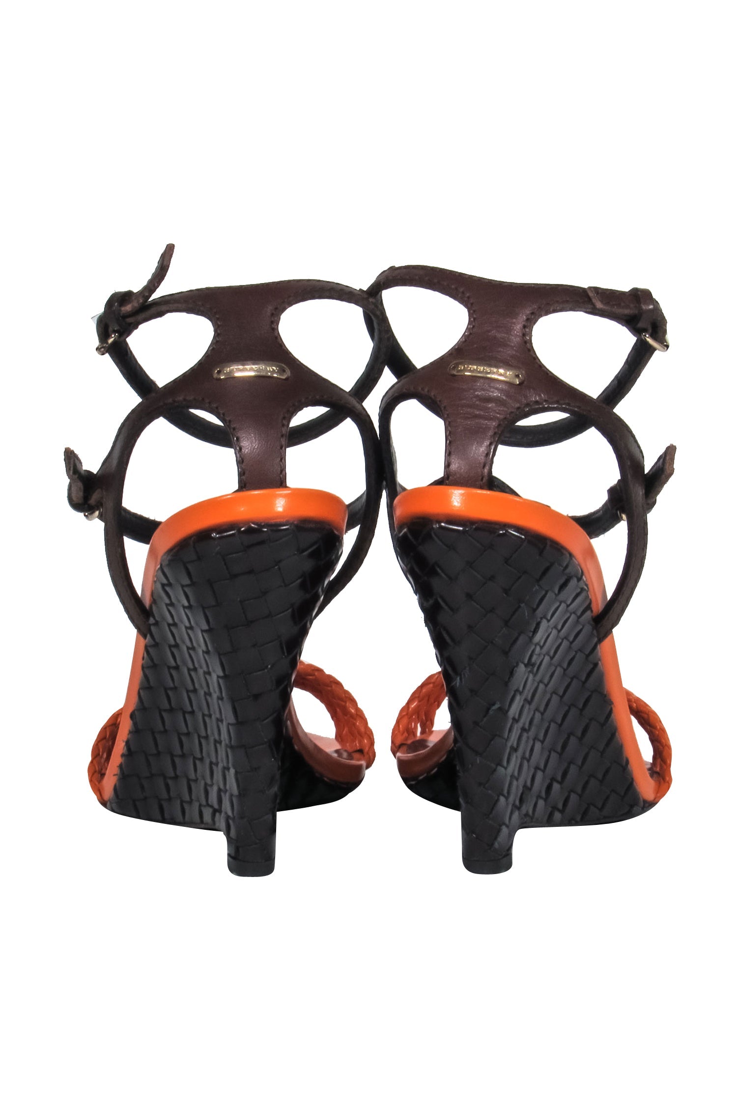 Burberry's Stunning Orange & Brown Woven Leather Wedge Heels - Size 10