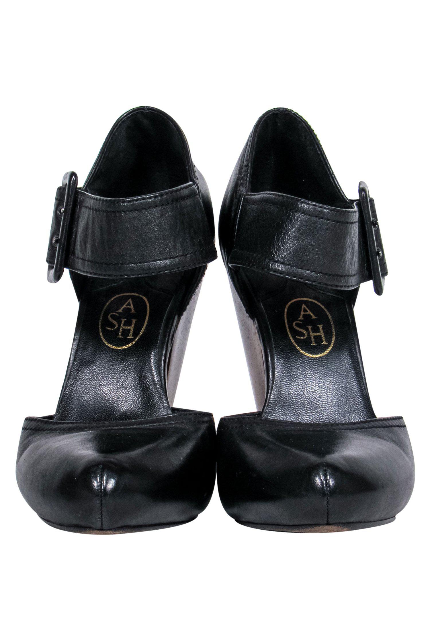 Ash Black Leather Chunky Buckle Heels - Size 8 - Sky - High Style!
