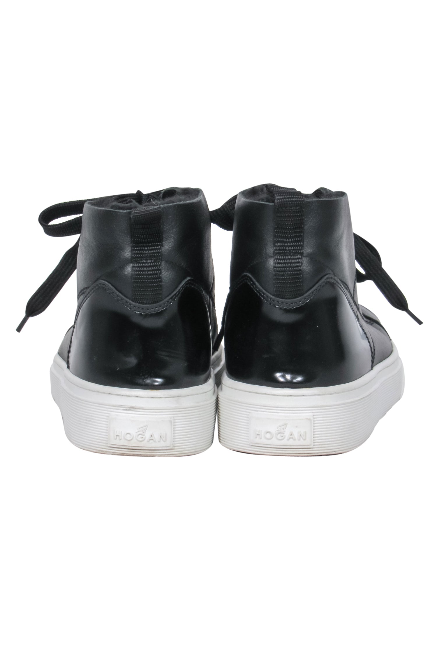 Hogan's Chic Black Leather High-Top Lace-Up Sneakers with Faux Fur Lining, Size 8