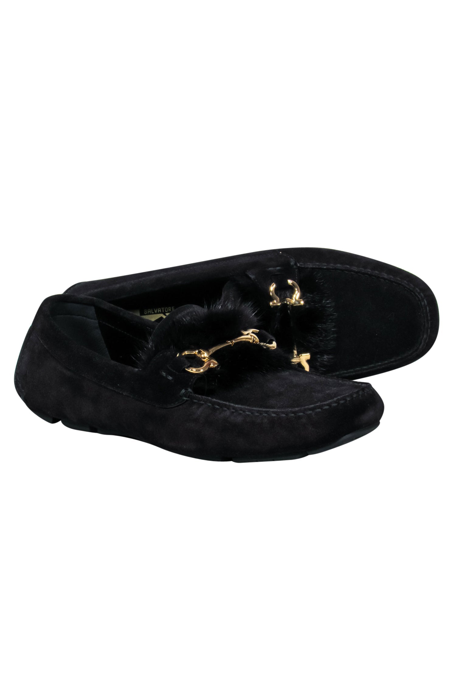 Ferragamo Black Suede Luxury Mink-Trimmed Loafers with Gold Details - Size 11