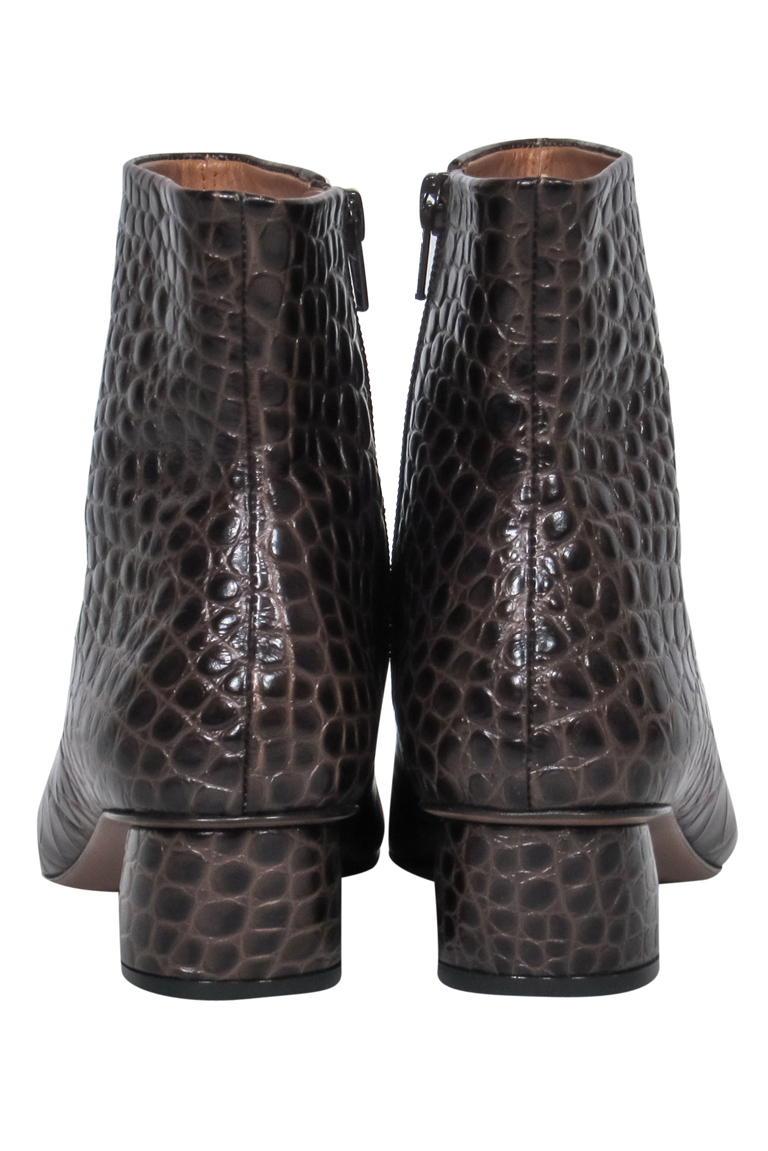 LOQ Brown Alligator-Embossed Leather Block Heel Ankle Booties - Size 9