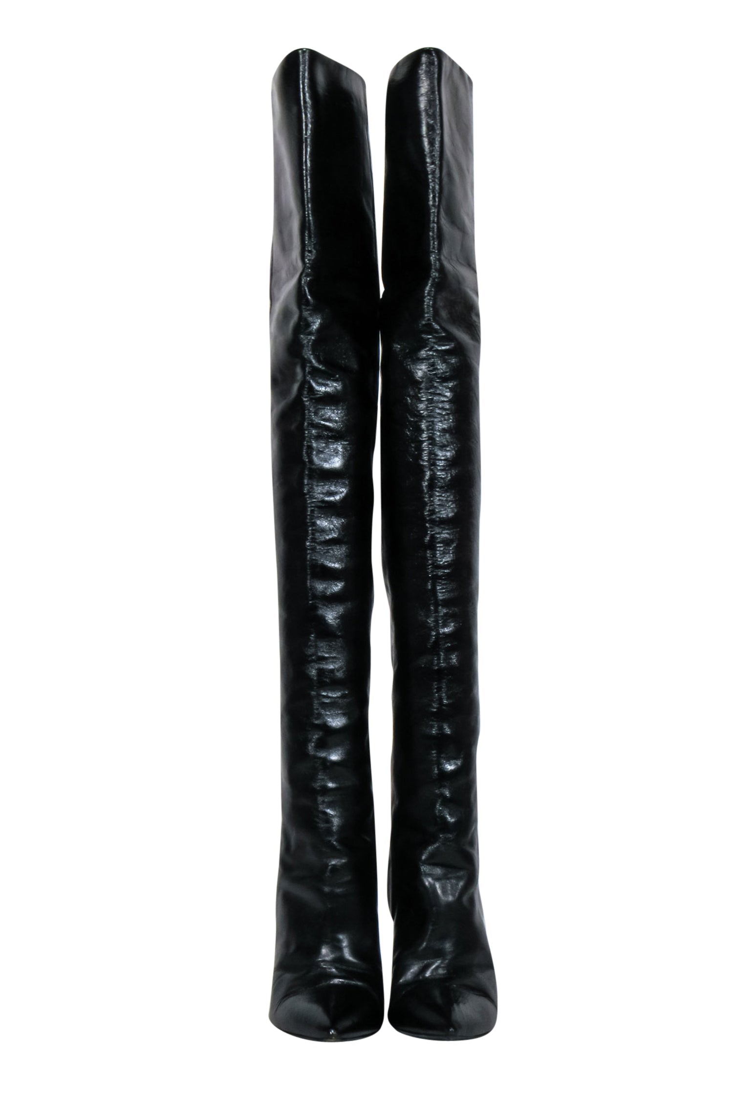 Saint Laurent Black Crinkle Leather Over-the-Knee Boots - Size 8