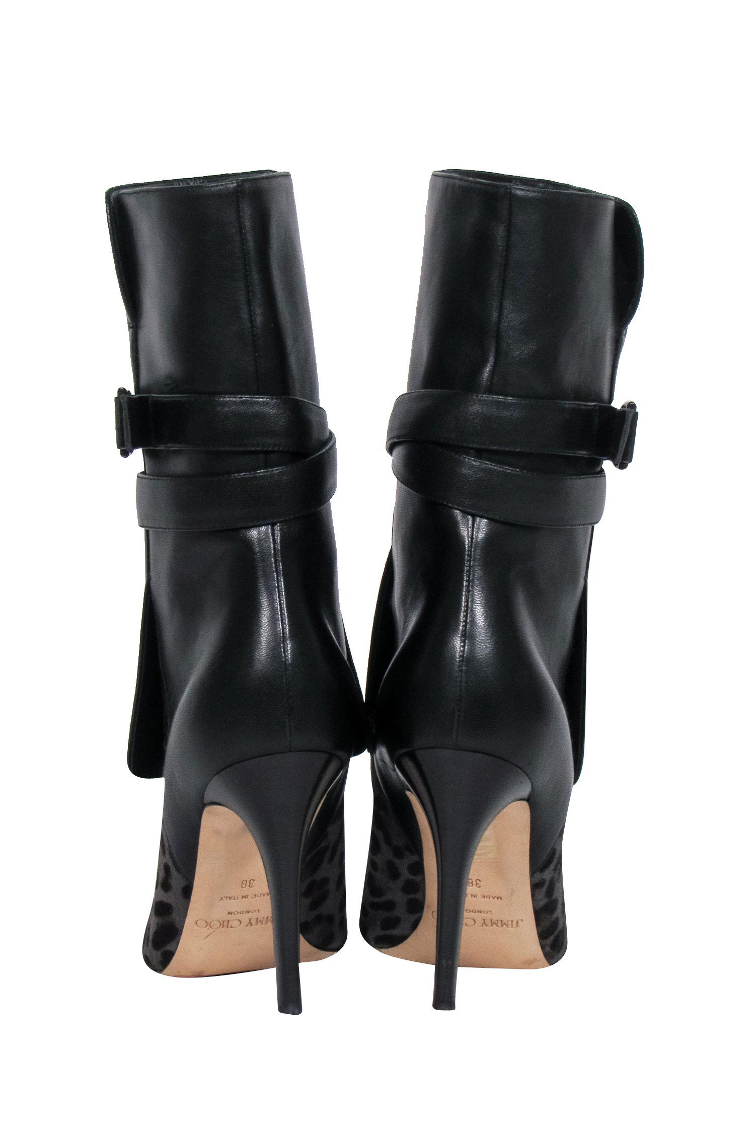 Jimmy Choo Black & Leopard Print Leather & Calf Hair Heeled Booties - Size 8 - Exquisite Clubwear