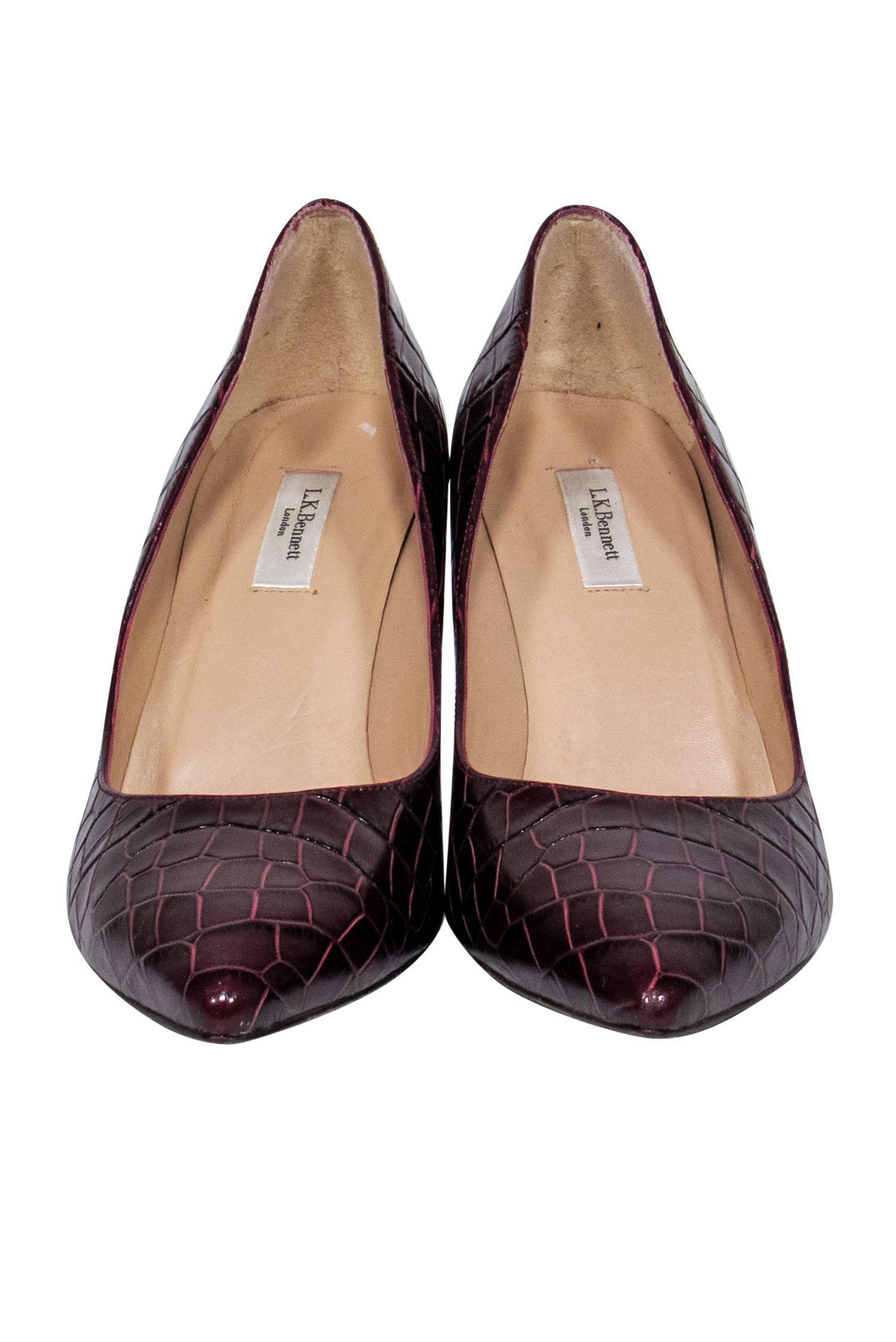 L.K. Bennett Maroon Crocodile-Embossed Pointed-Toe Pumps - Size 10