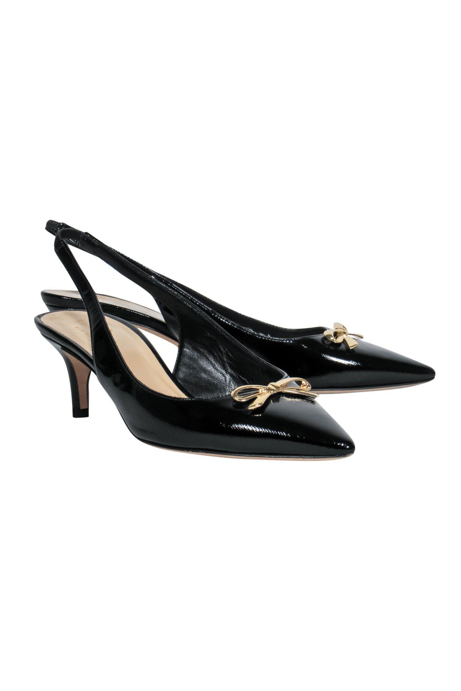 Kate Spade Black Patent Leather Slingback Kitten Pumps with Bow - Size 8