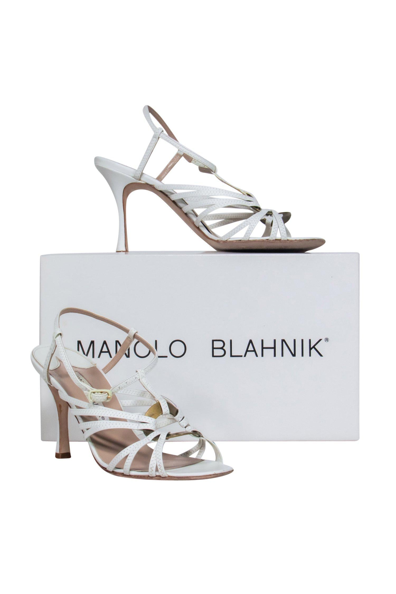 Manolo Blahnik White Strappy Pumps with Brass Rings - Size 7.5 - Red Carpet Ready!
