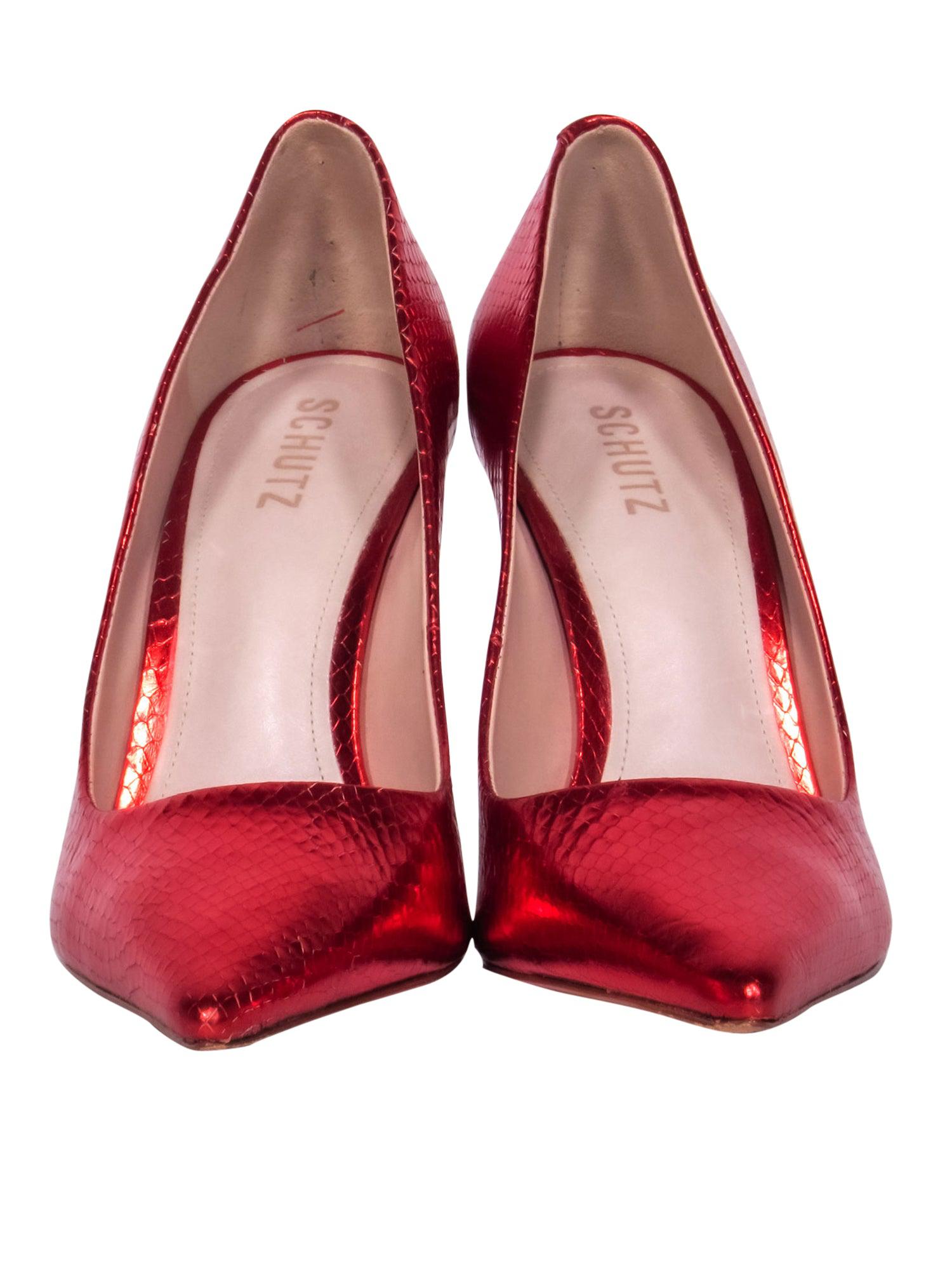 Schutz Red Metallic Pointed Toe Pumps - Size 9.5: Party-Ready Glam!