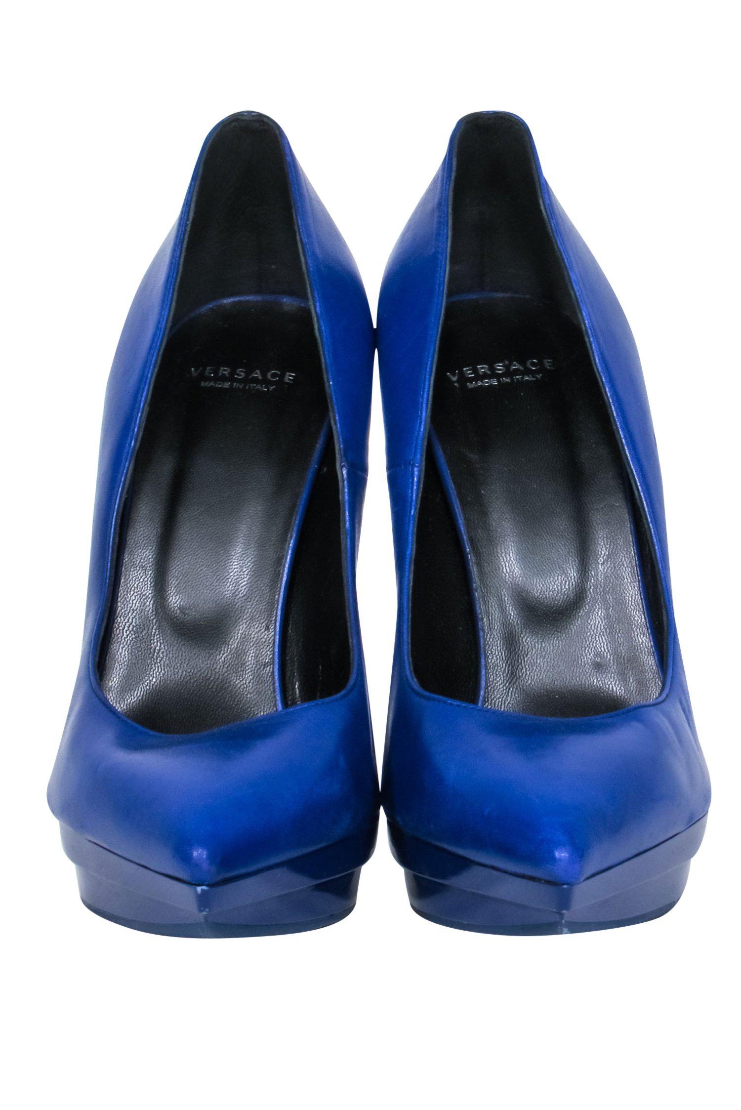 Versace Cobalt Blue Leather Pointed-Toe Platform Stilettos - Size 8