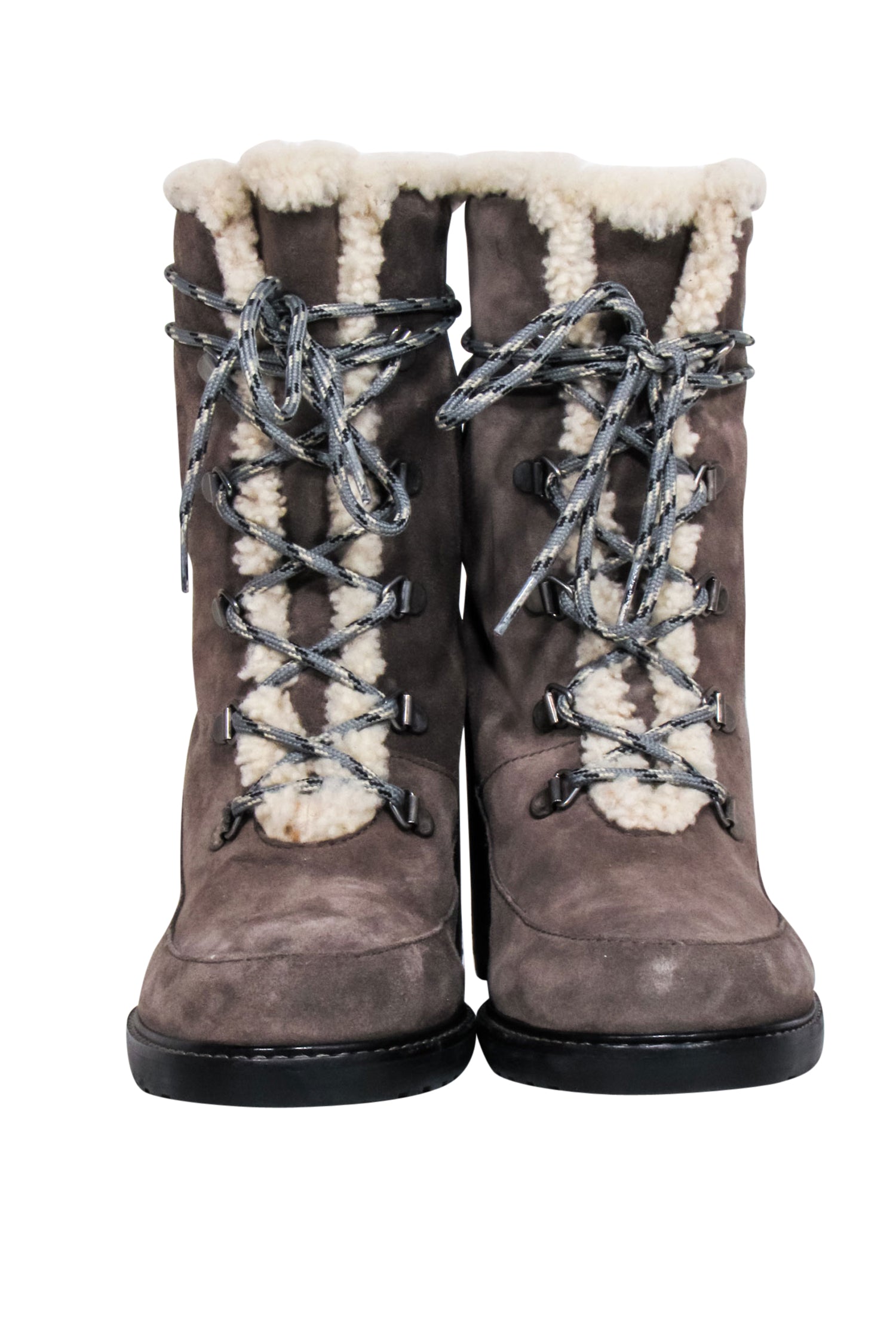 Stuart Weitzman Grey Suede Lace-Up Short Shearling Lined Boots - Size 9