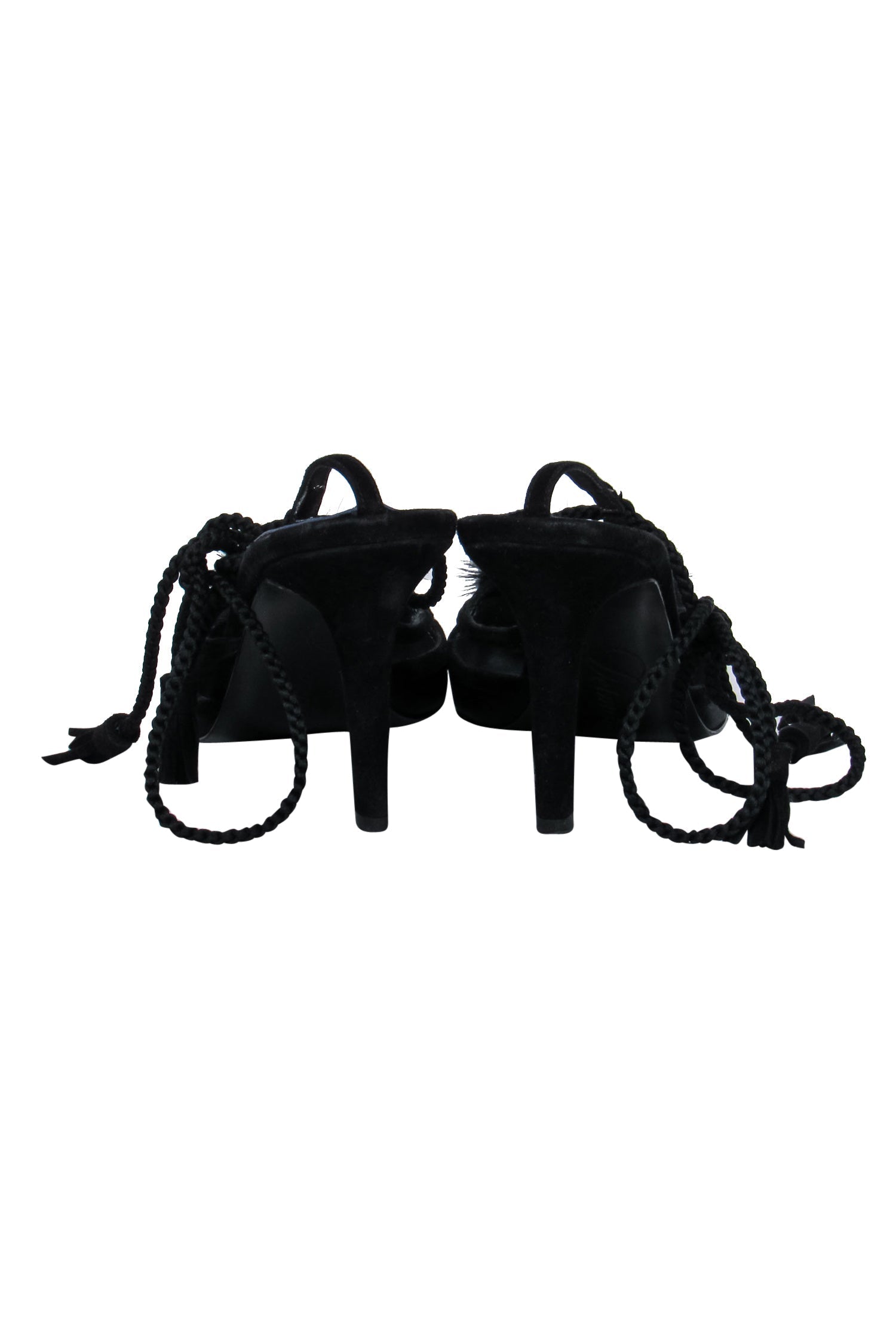 Delman Black Satin Pointed Toe Ankle Wrap Heels with Charming Fur Pom Poms - Size 7.5