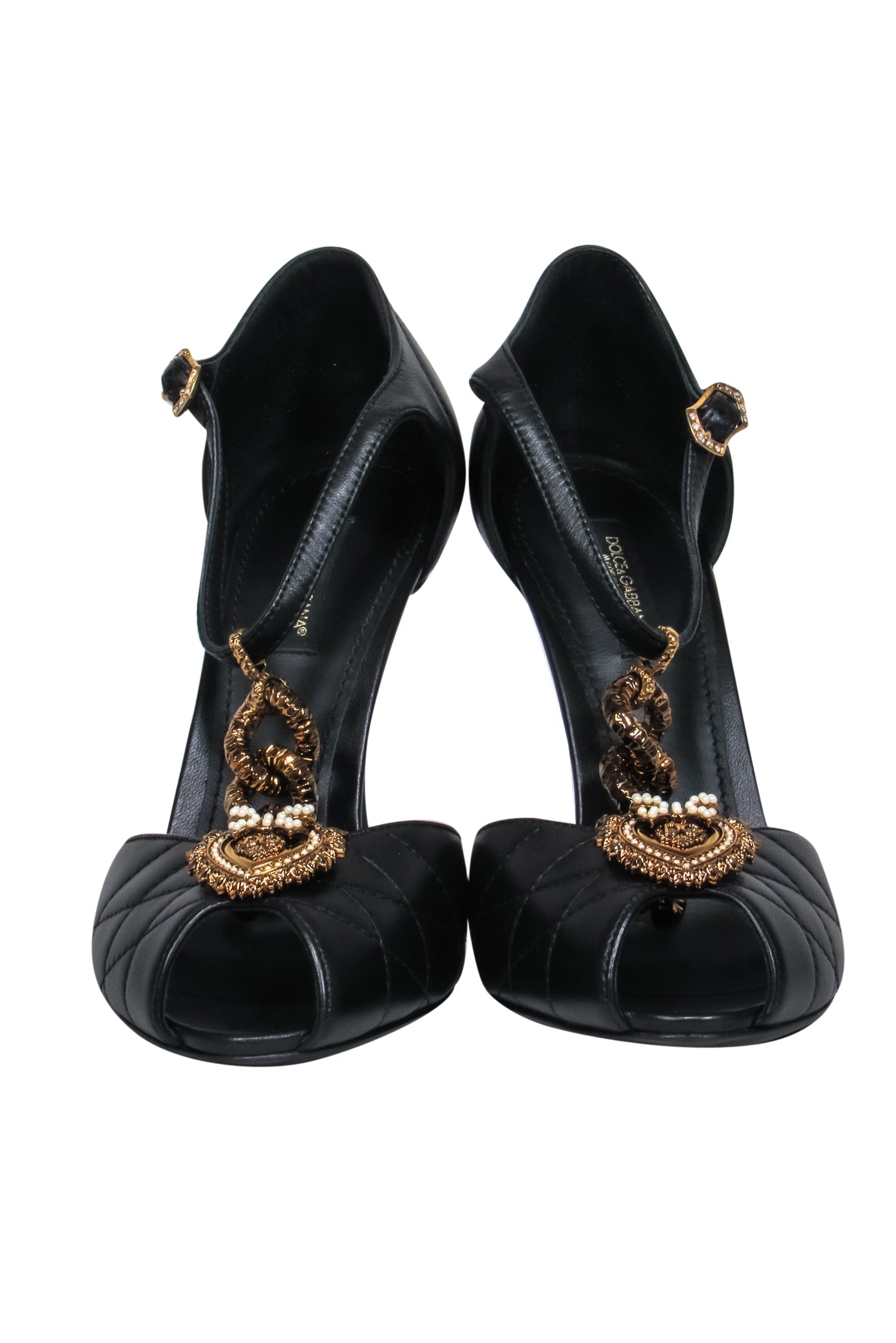 Dolce & Gabbana Black Quilted T-Strap Peep Toe Pumps with Gold Heart & Chain - Size 8.5