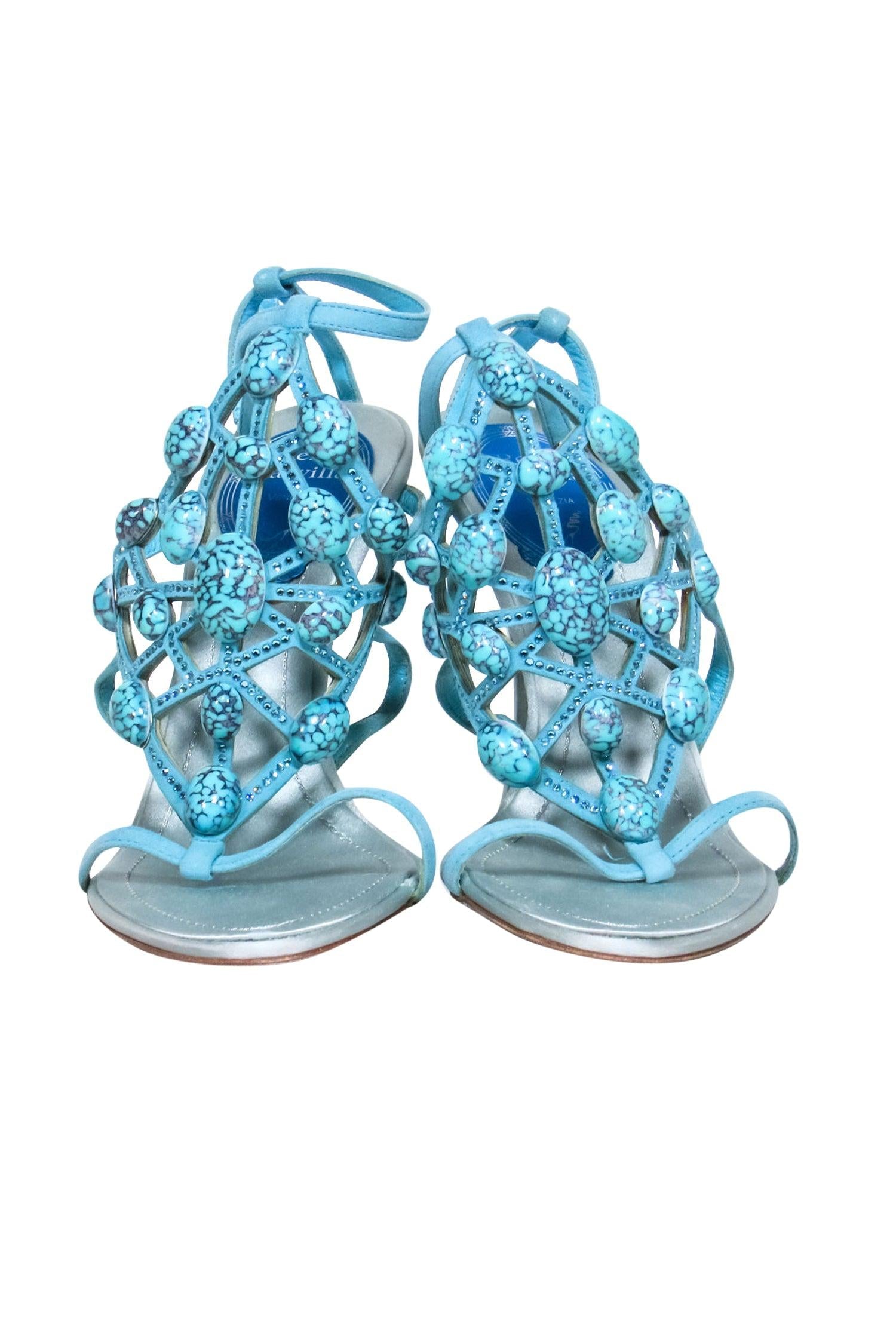 Rene Caovilla Turquoise Glitzy Suede & Satin Strappy Pumps - Size 6