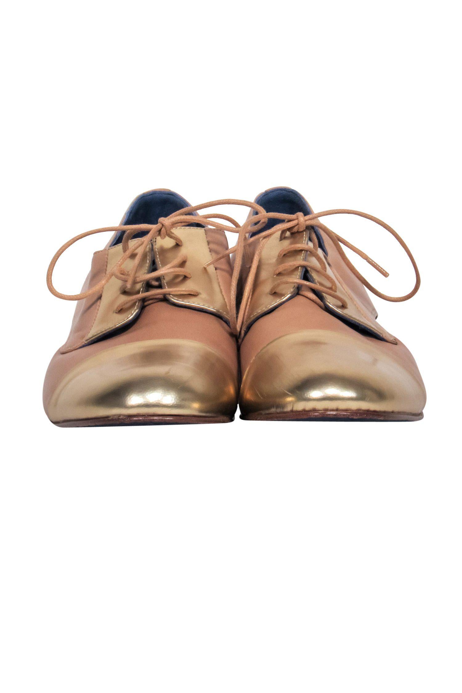 Valentina Rangoli Beige & Gold Leather Cutout Oxfords - Size 7