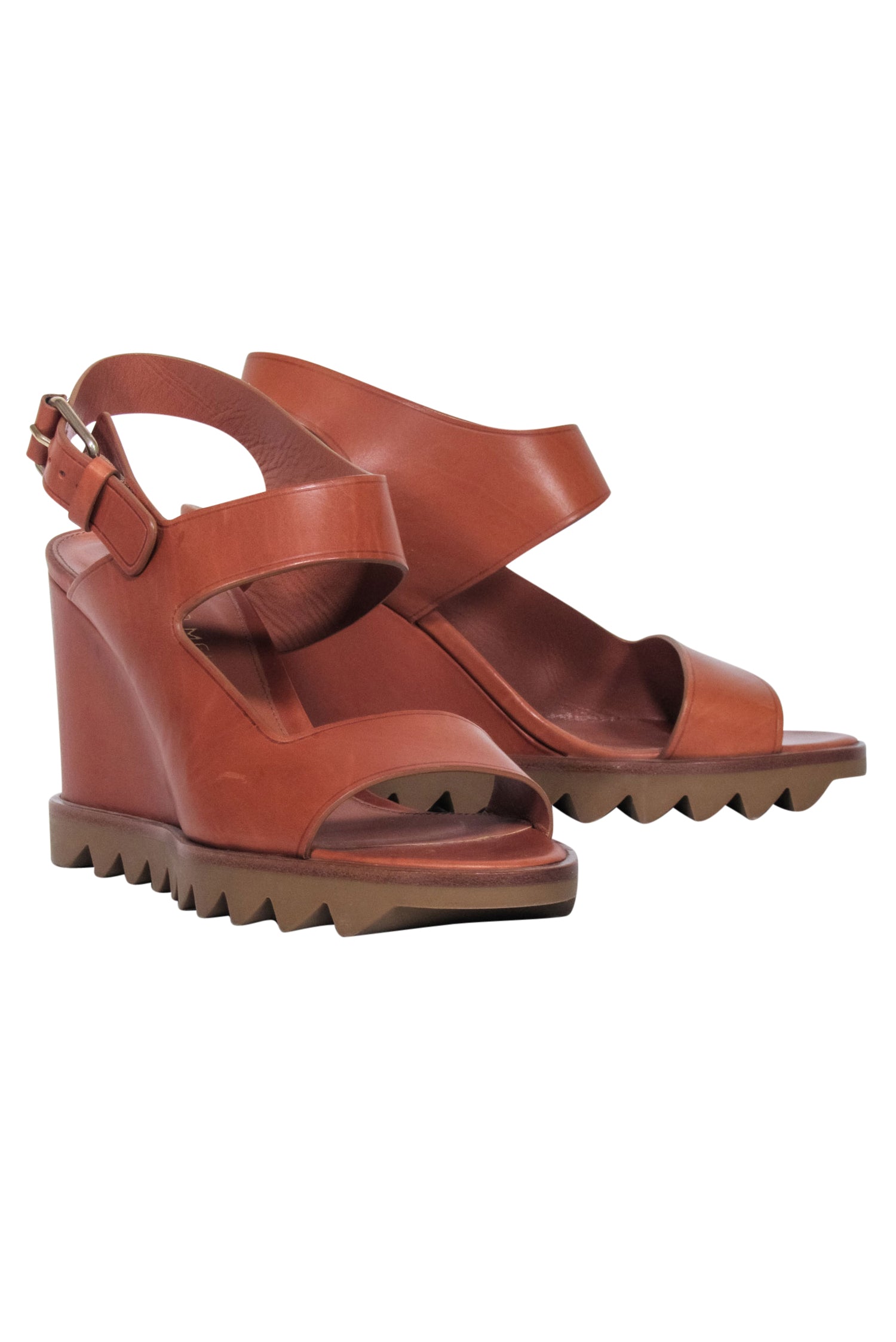 Tamara Mellon's Chic Tan Leather Open-Toe Wedges - Size 7.5