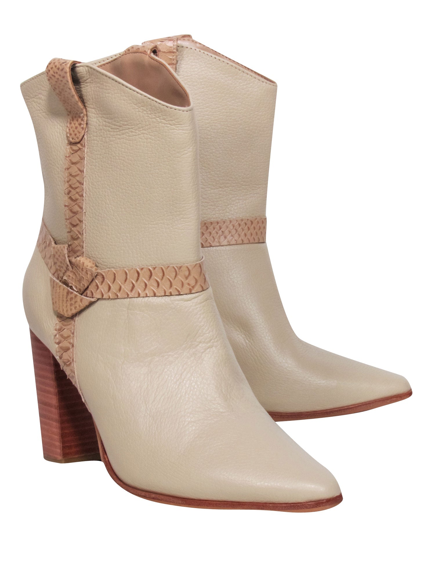 Kaanas Beige Pebbled Leather Western Heeled Boots - Size 8