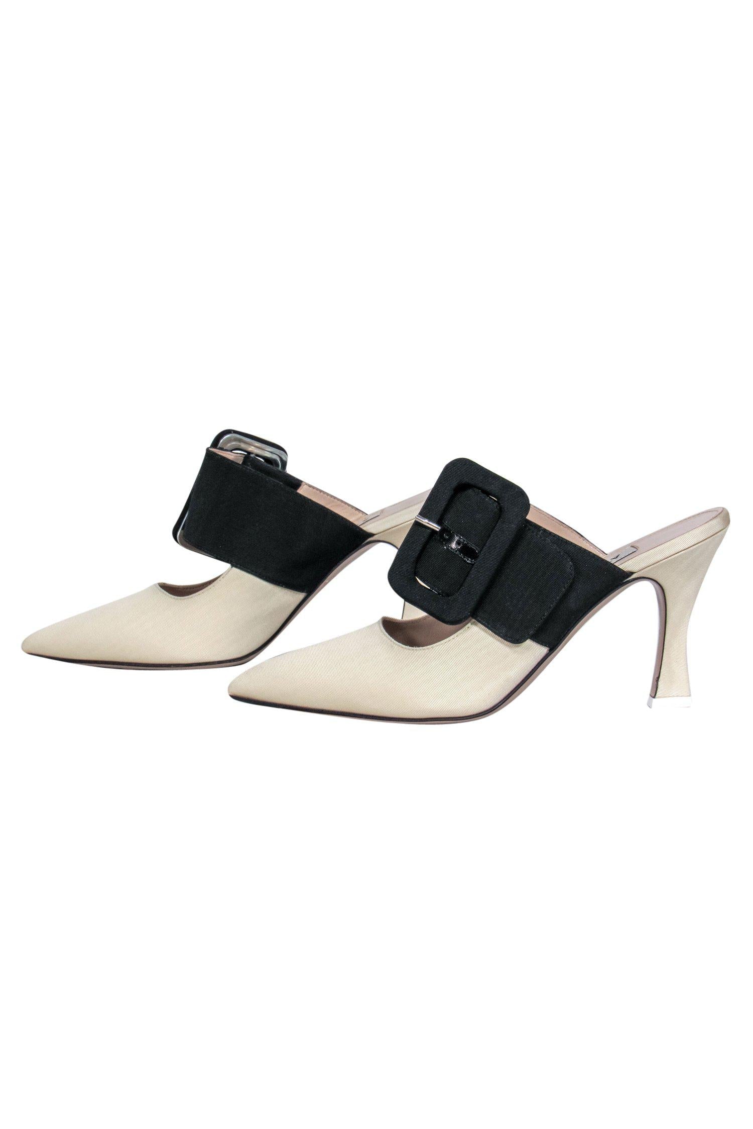 The Attico - Stunning Ivory & Black Pointed Toe Mule Pumps with Belt Buckle, Size 7
