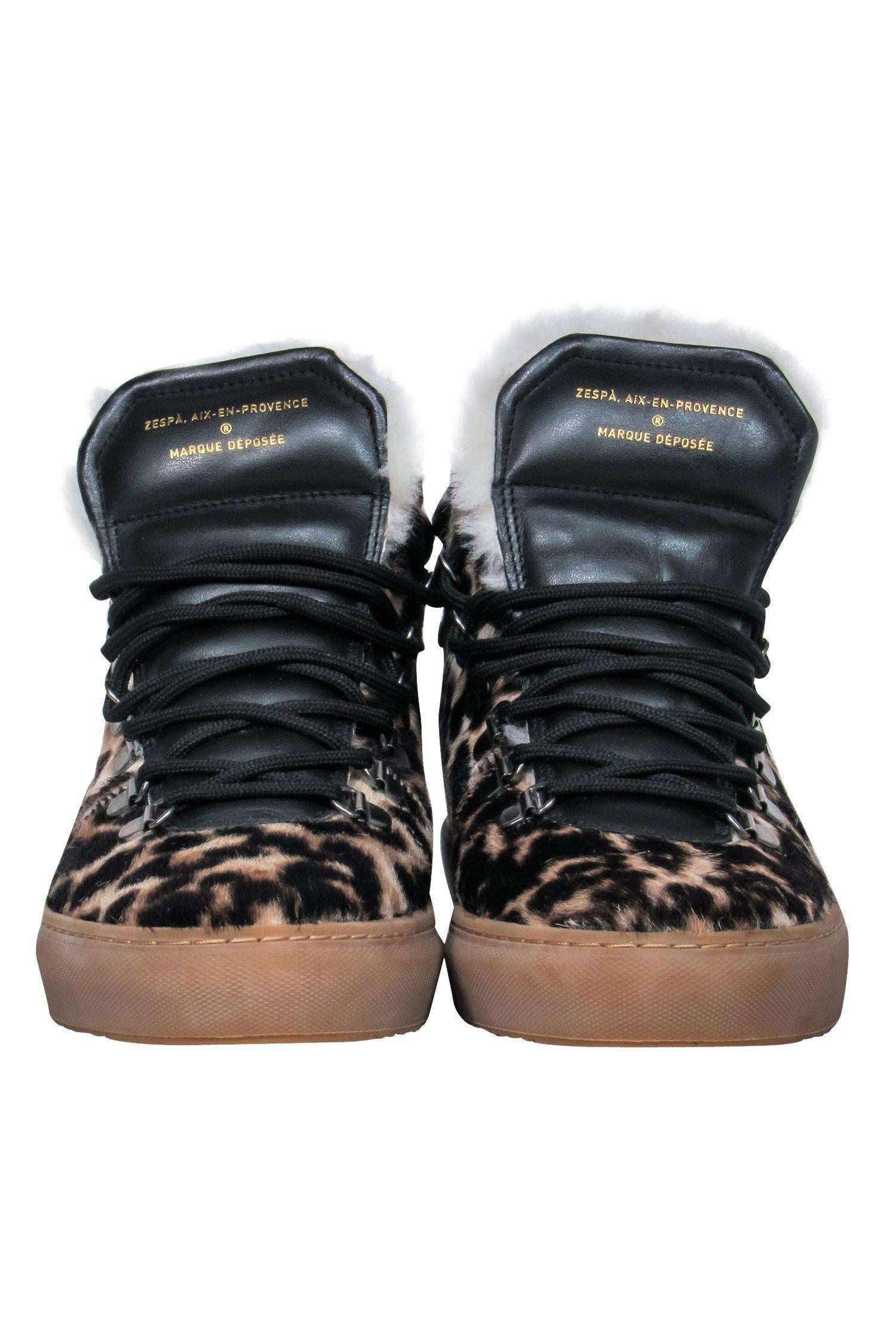 Zespa - Stunning Beige & Black Leopard Print Calf Hair & Leather Lace - Up High Top Sneakers with Shearling Trim, Size 7.5
