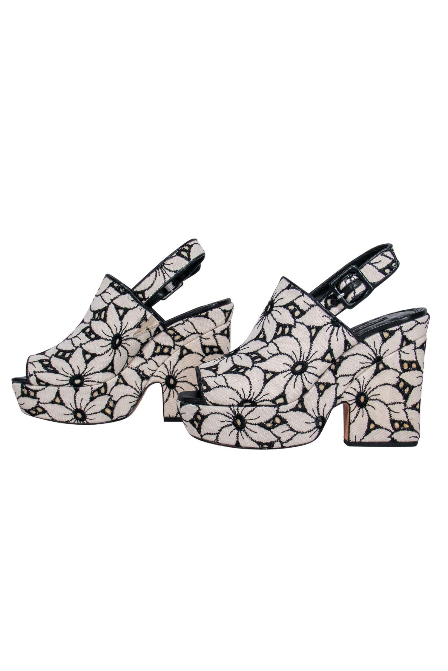 Alice & Olivia's Stunning Beige & Black Floral Embroidered Chunky Slingback Heels - Size 6