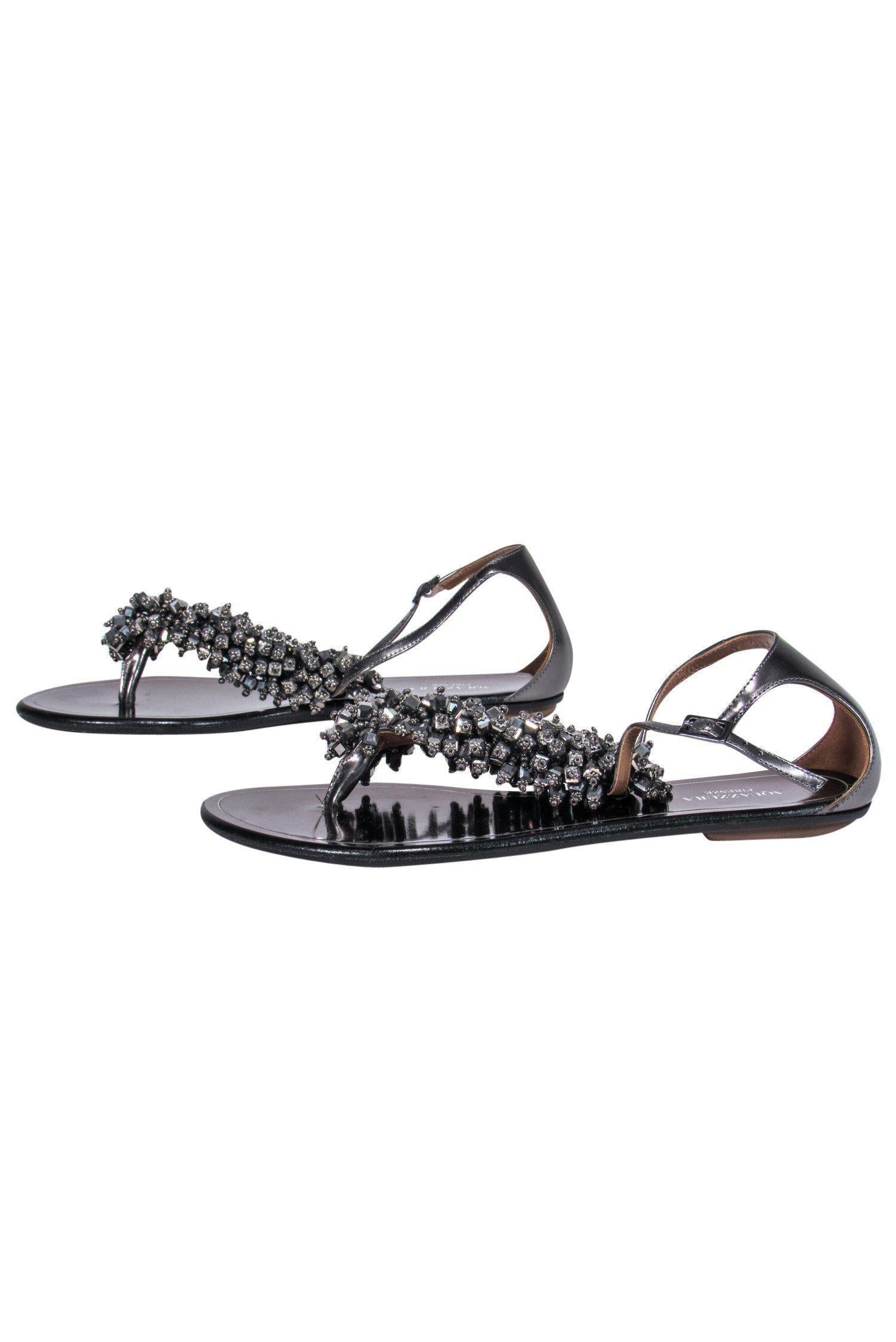 Aquazzura Black Shiny Beaded Leather Sandals - Size 6