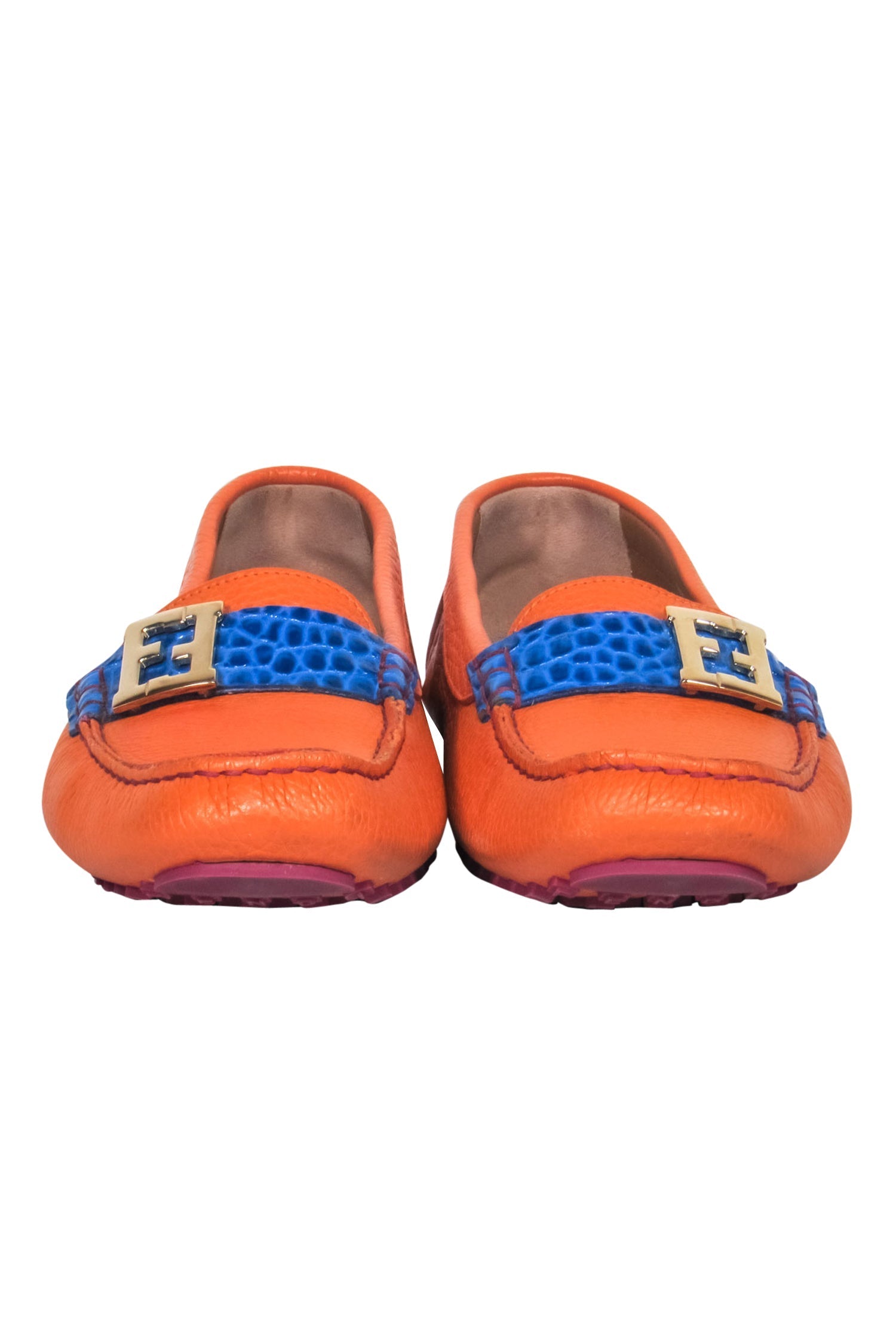 Fendi Orange Pebbled Leather Loafers with Blue Crocodile Strap - Size 10.5