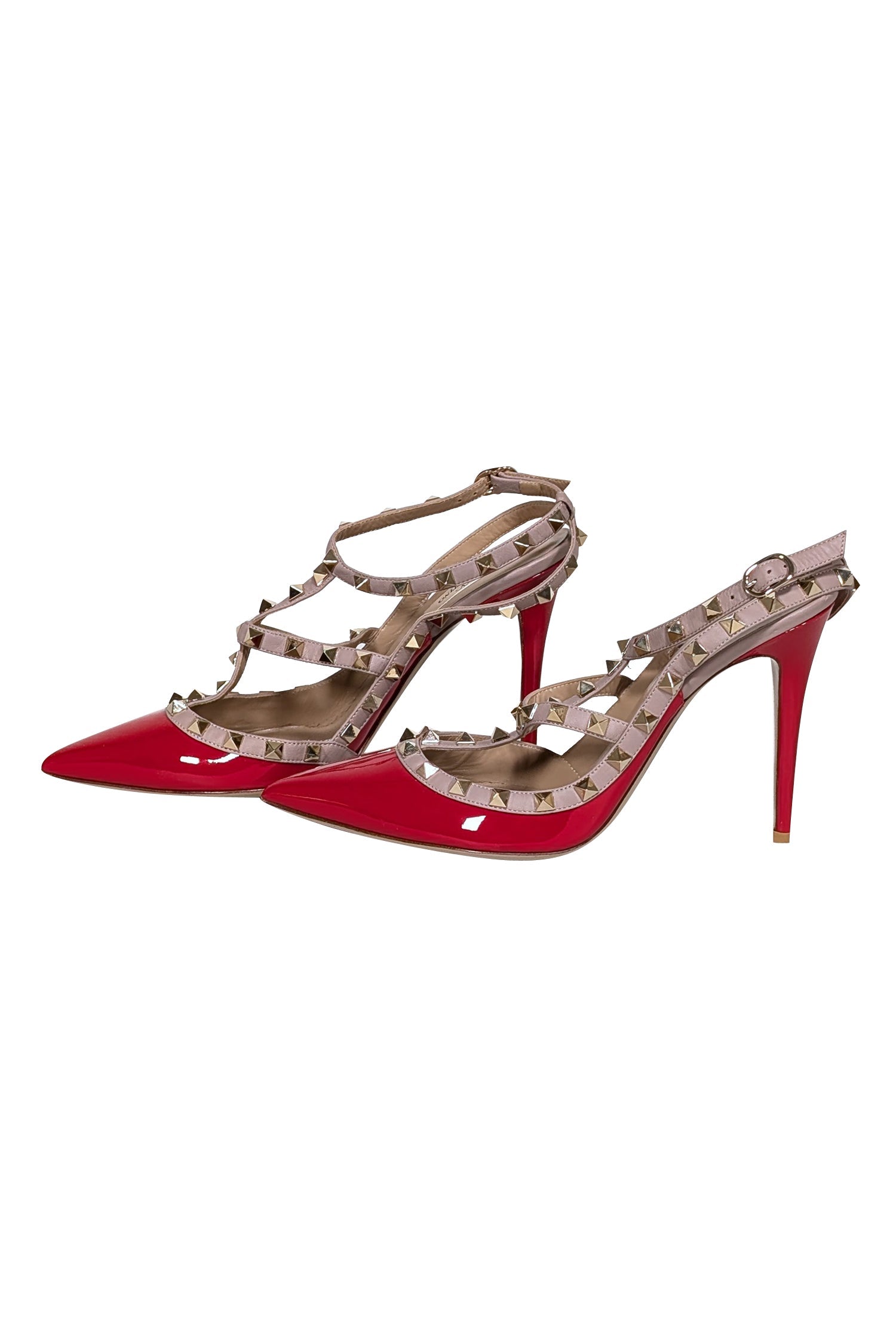 Valentino - Irresistible Red & Beige Studded Strappy Heels in Size 10.5