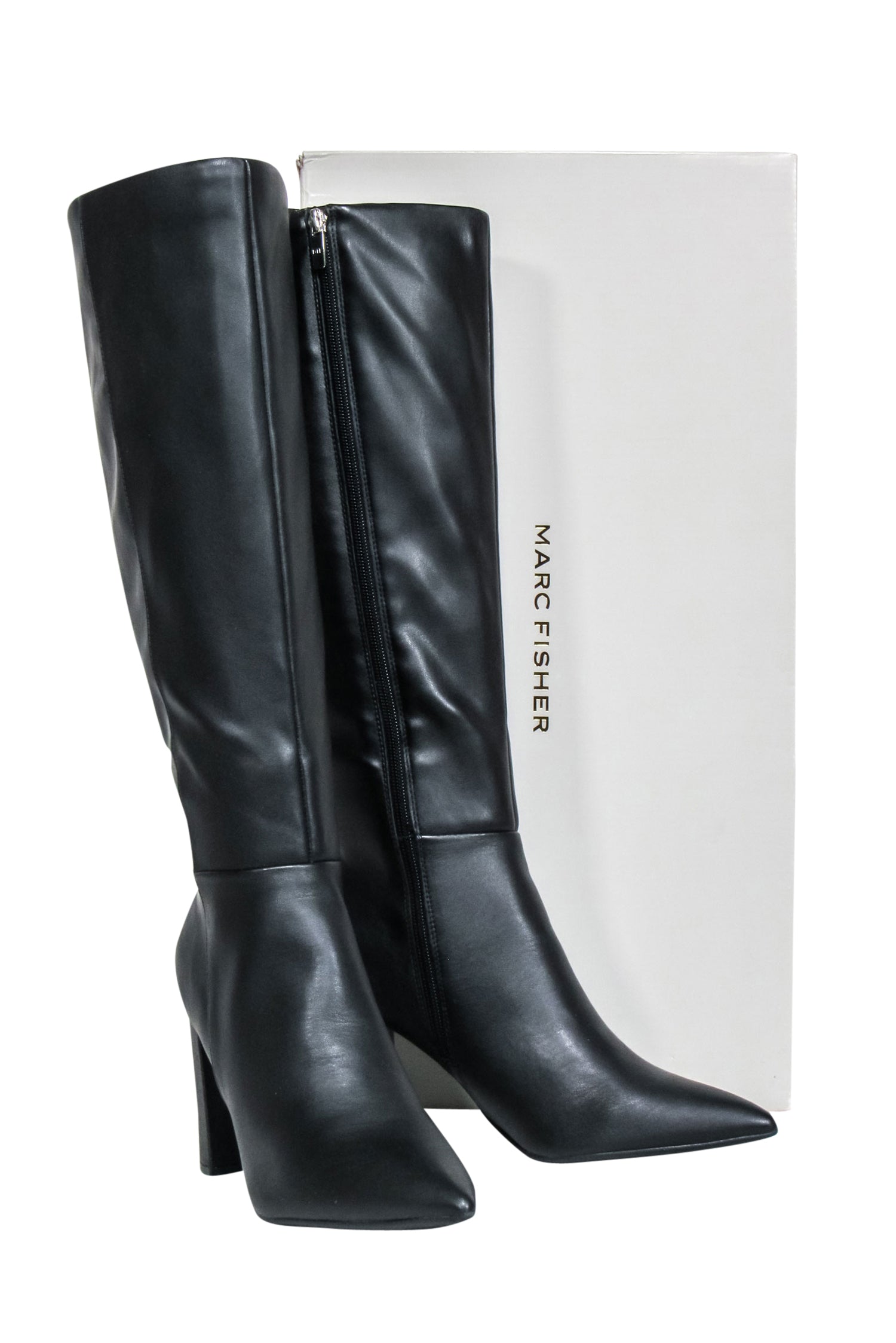 Marc Fisher Black Faux Leather Pointed-Toe Tall Heel Boots - Size 9.5
