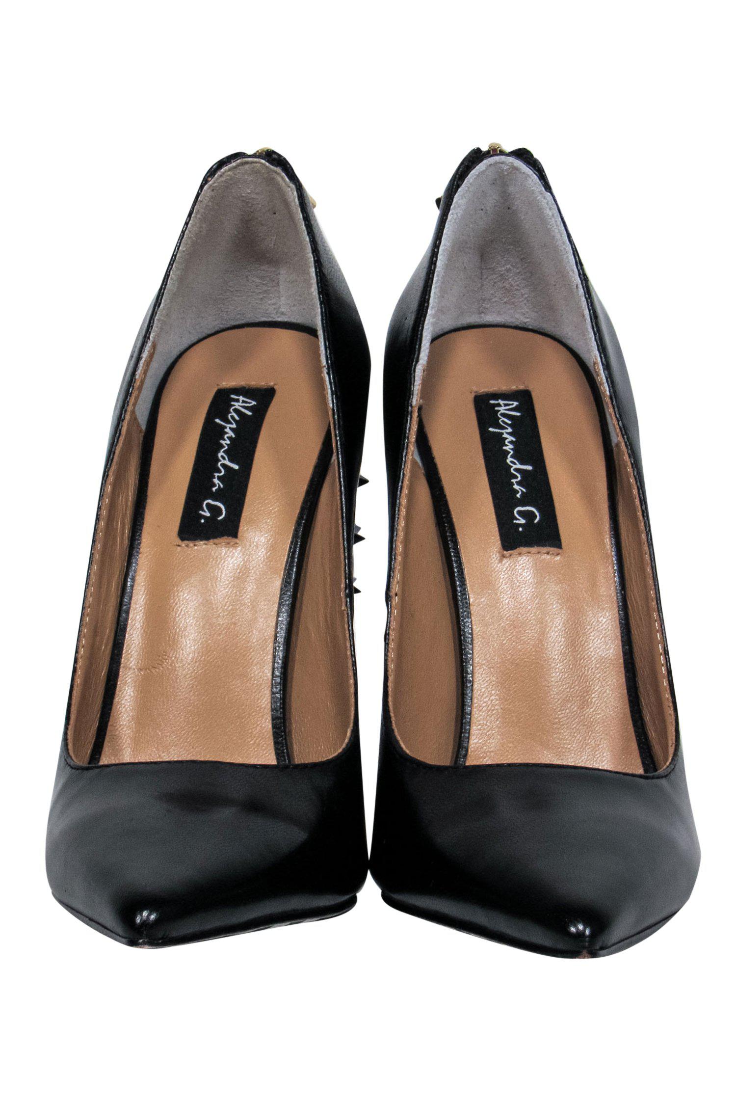 Alejandra G. Rita Stilettos - Black Leather Pointed Toe with Spiked Tassels, Size 6