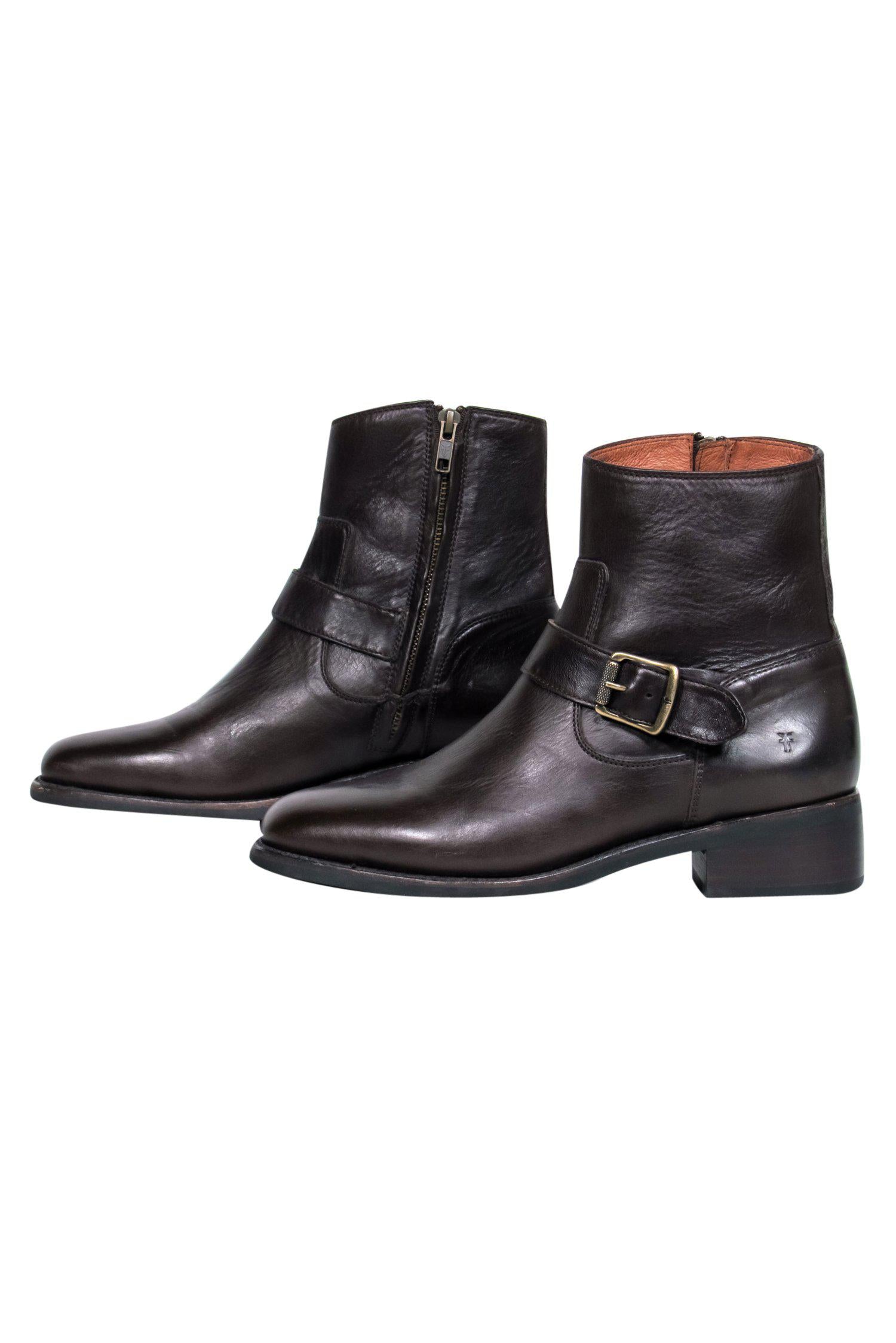 Frye's Stylish Brown Leather Ankle Booties with Buckle - Size 8.5