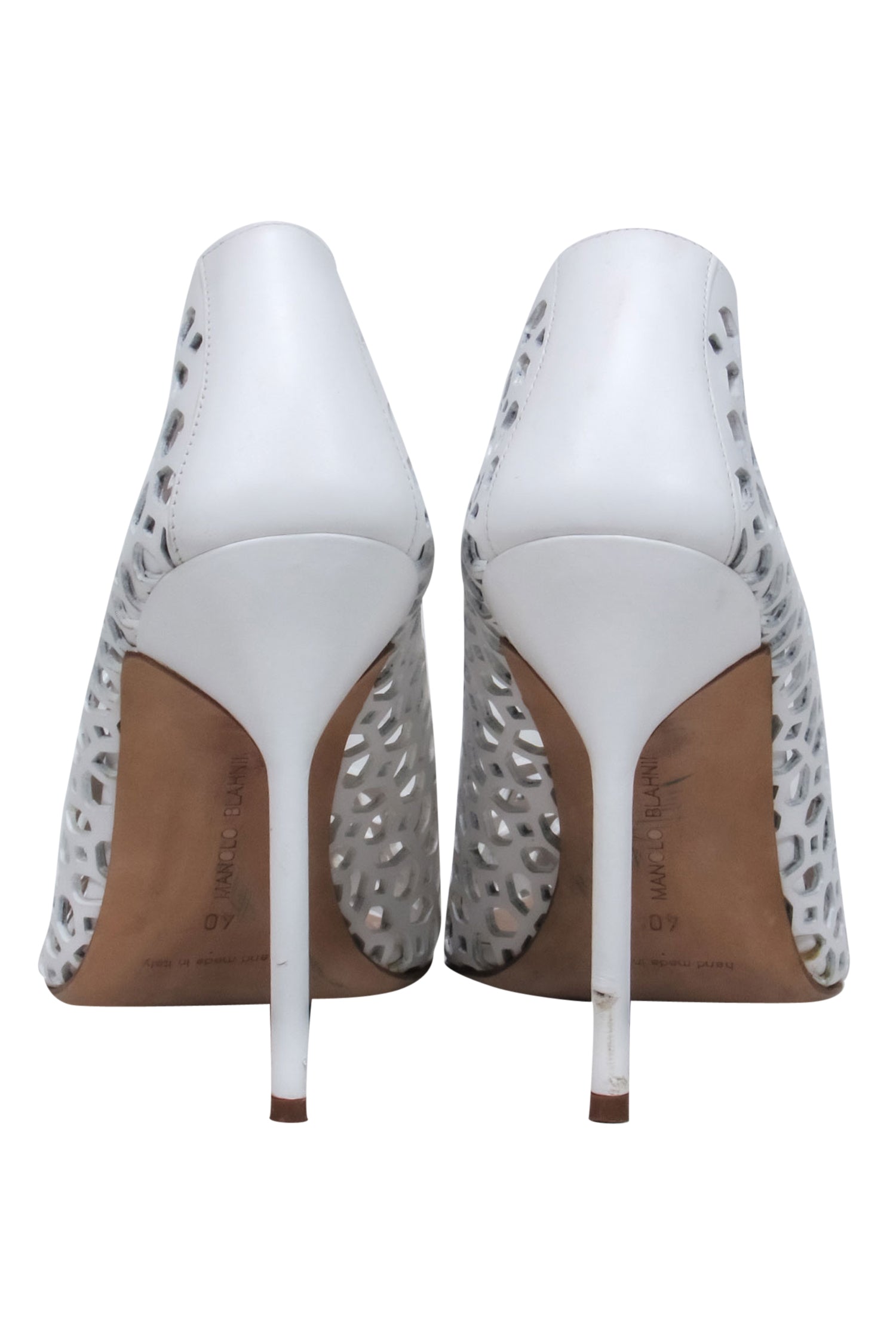 Manolo Blahnik White Leather Laser-Cut Pointed Toe Pumps - Size 10, A Stunning Statement Piece