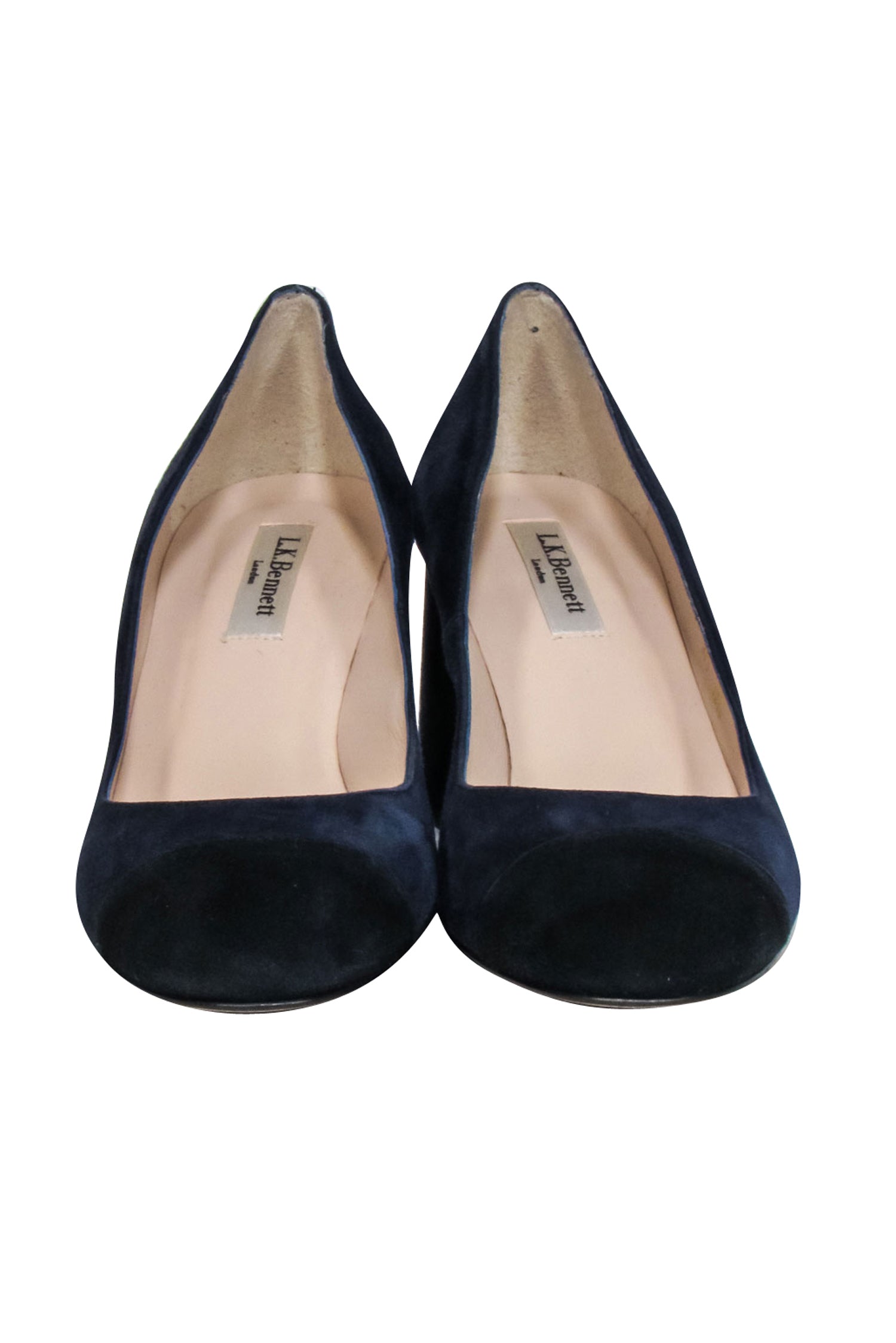 L.K. Bennett Navy Suede Black Rounded Toe Block Heel Pumps - Size 8.5 - Elevate Your Style!