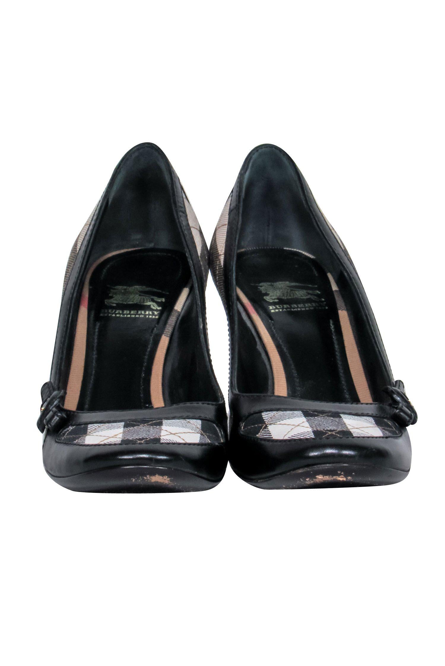 Burberry Black & Beige Tartan Print Leather-Trim Pumps - Size 9