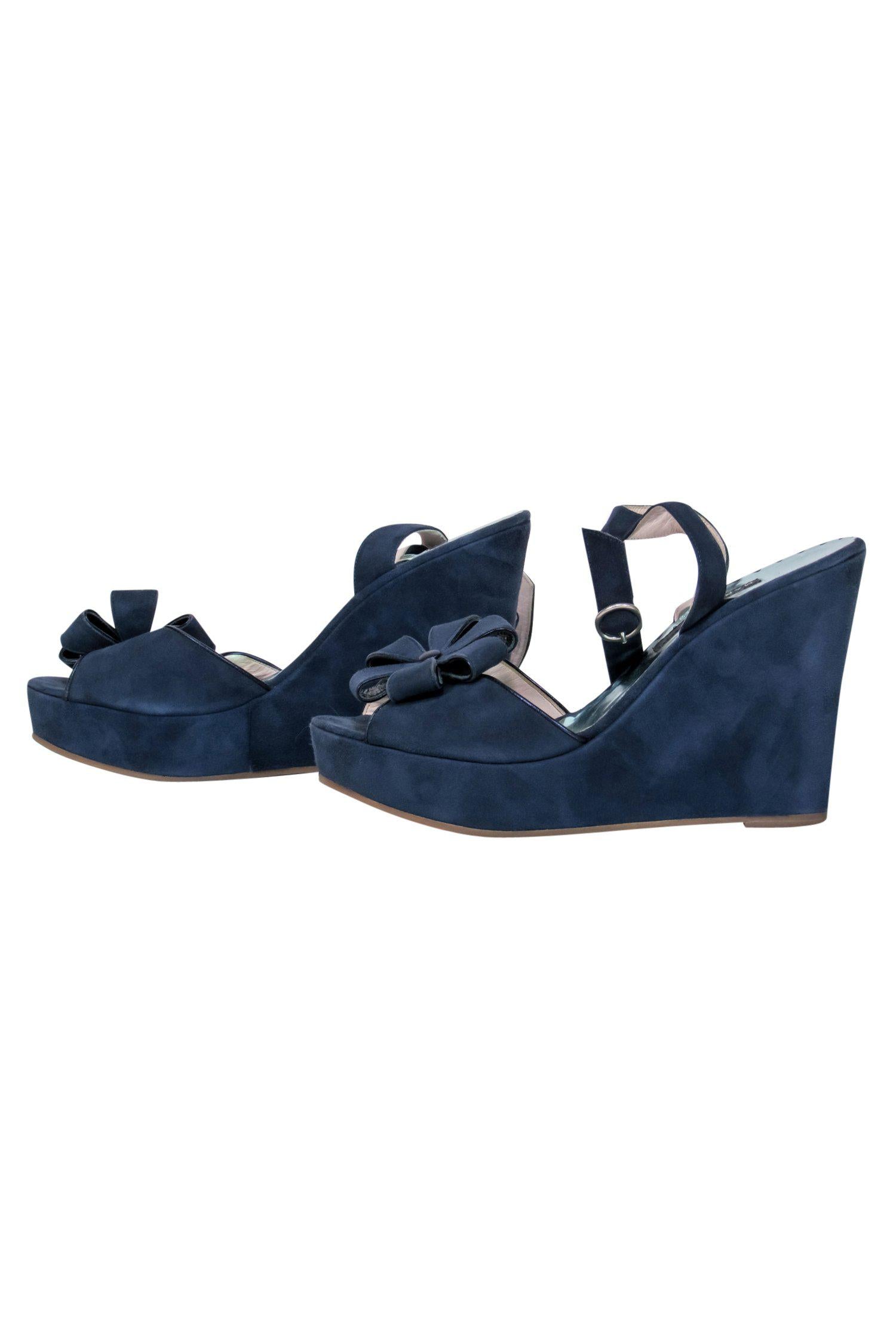 Marc Jacobs Navy Suede Flowered Platform Wedges - Size 6.5