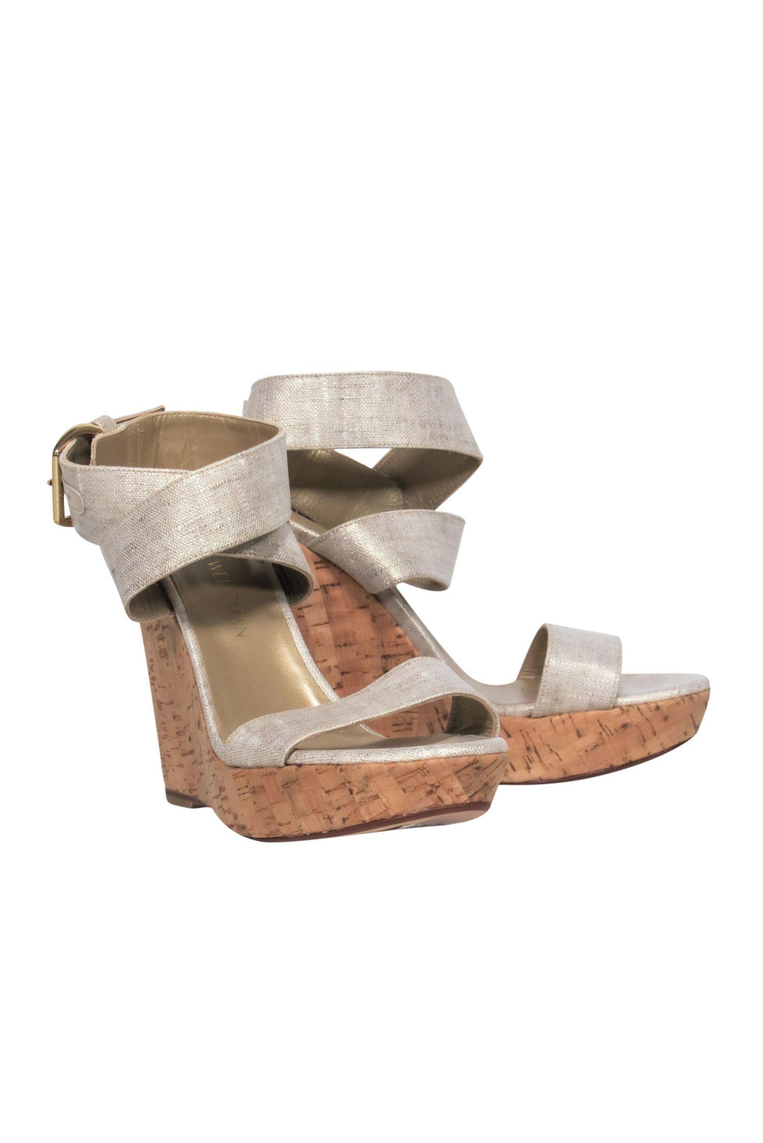 Stuart Weitzman's Gorgeous Champagne Strappy Cork Platform Wedges - Size 7.5