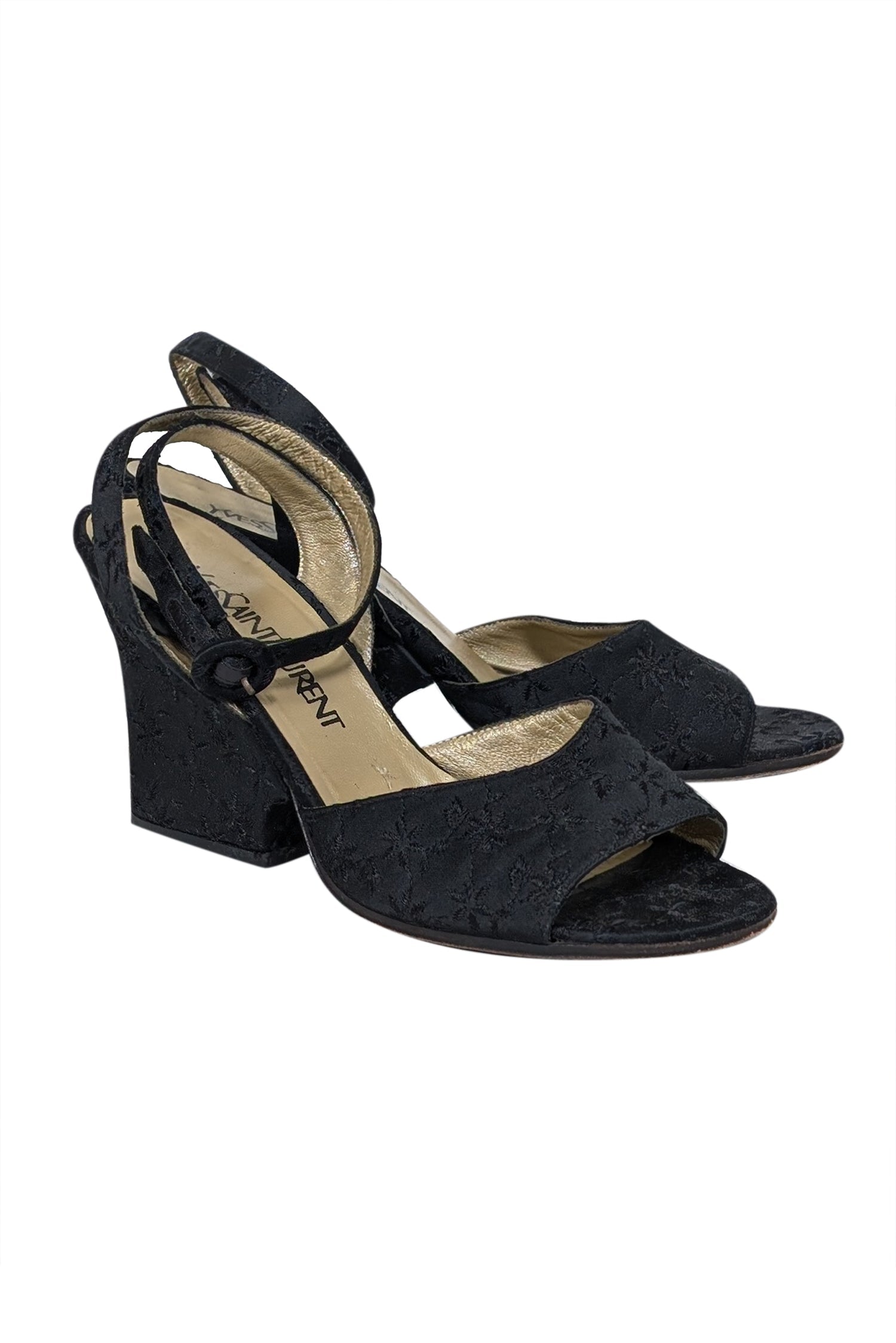 Yves Saint Laurent Black Embroidered Open Toe Wedges - Size 7.5 - A Vintage Fashion Must-Have!